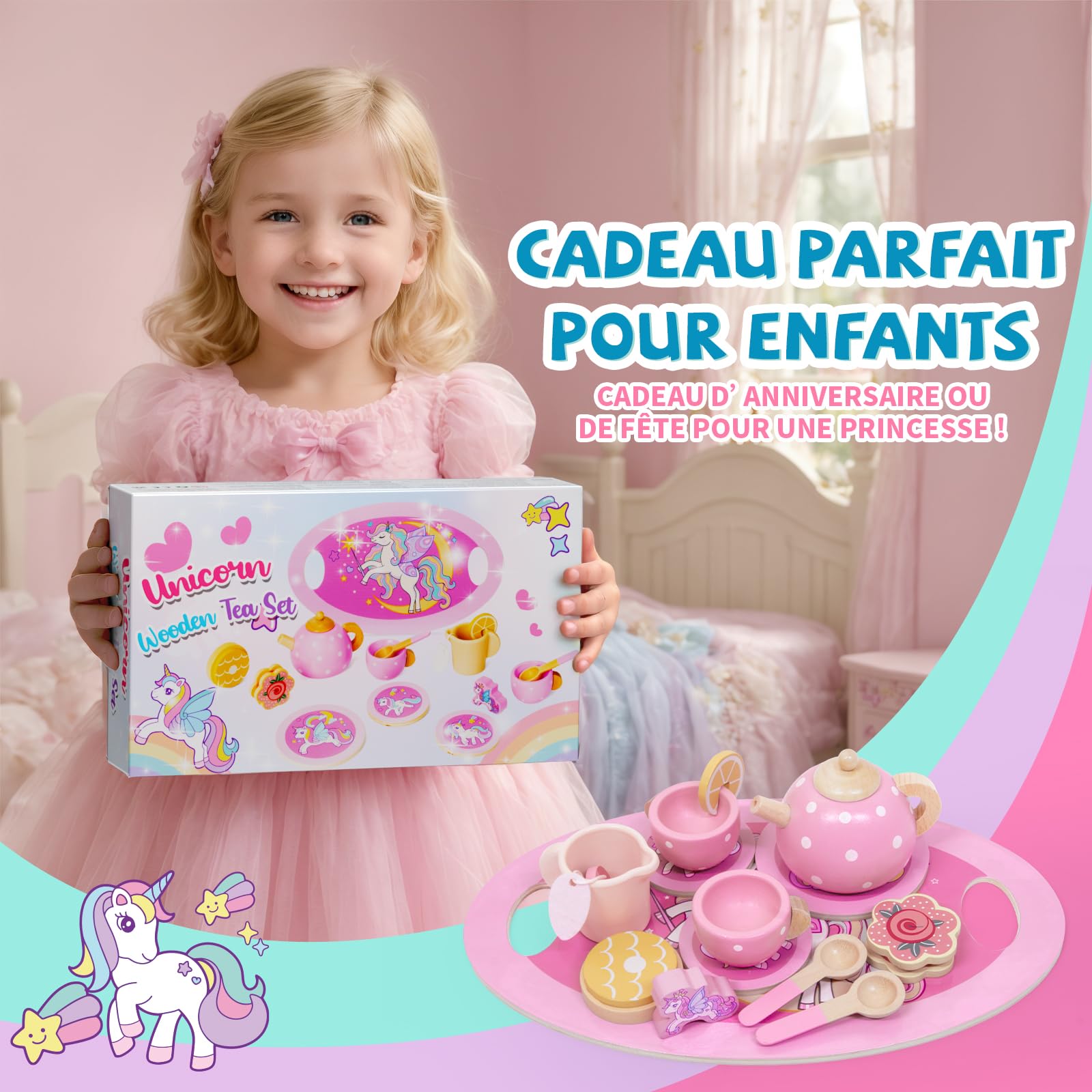 Jouet Fille 2-6 Ans,Licorne Services à Thé en Bois Montessori, Accessoire Cuisine Enfant avec Figurine Licorne et Dessert, Dinette Enfant 2-6 Ans Cadeau Anniversaire Cadeaux de Pâques pour Enfants