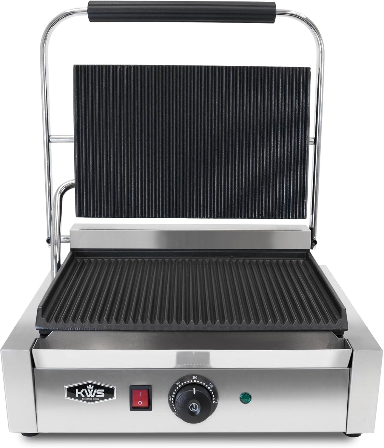 KWS PM-17 Premium 110V Electric Commercial Panini Grill 1700W with Grooved Plates 13.5" x 9.25" Cooking Surface