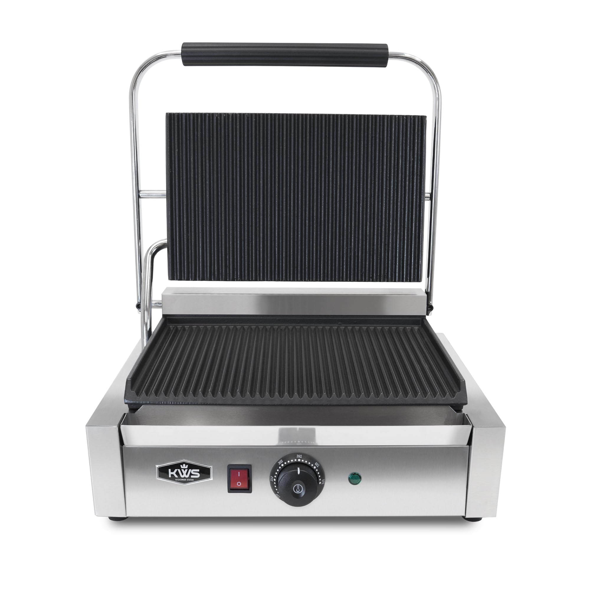KWS PM-17 Premium 110V Electric Commercial 1700W Panini Grill with Grooved Plates - 13.5