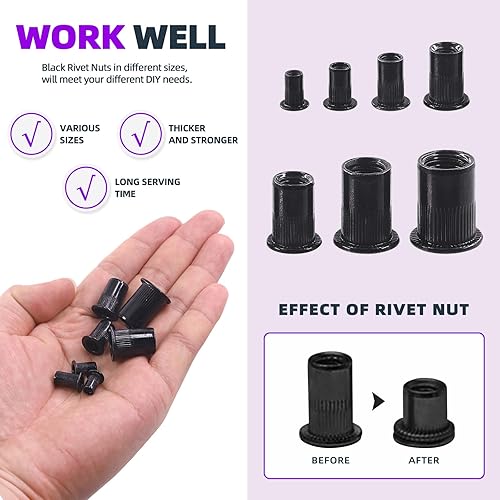 Miniatura 6 de Swpeet Kit de 100 tuercas remachables de acero al carbono, kit de tuercas remachables métricas M4, kit de tuercas remachables de acero al carbono