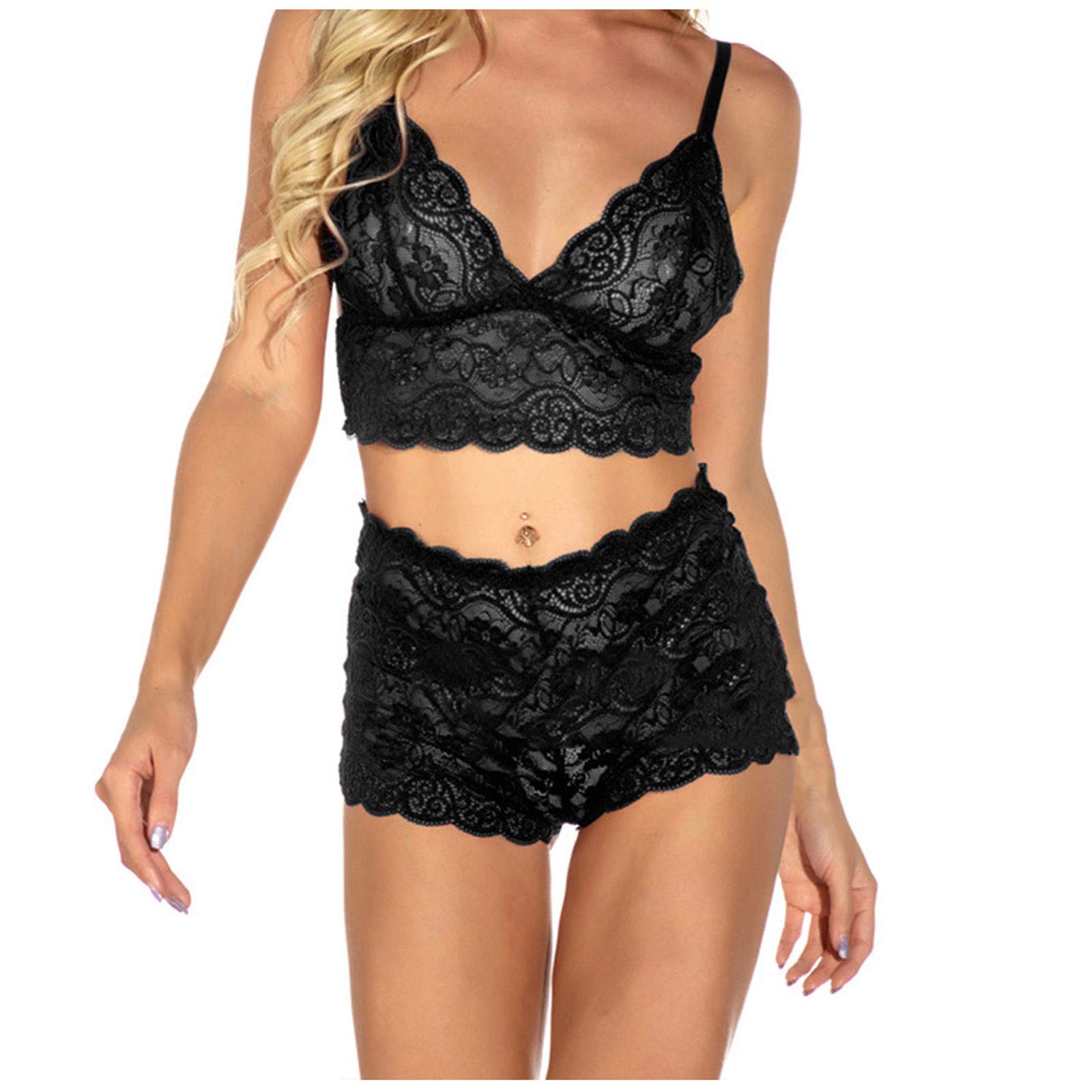 GenericLace Brassiere Pajamas Shorts Women Outfit Underwear Flowers Sexy Suit for Women Lingerie (Black, One Size)