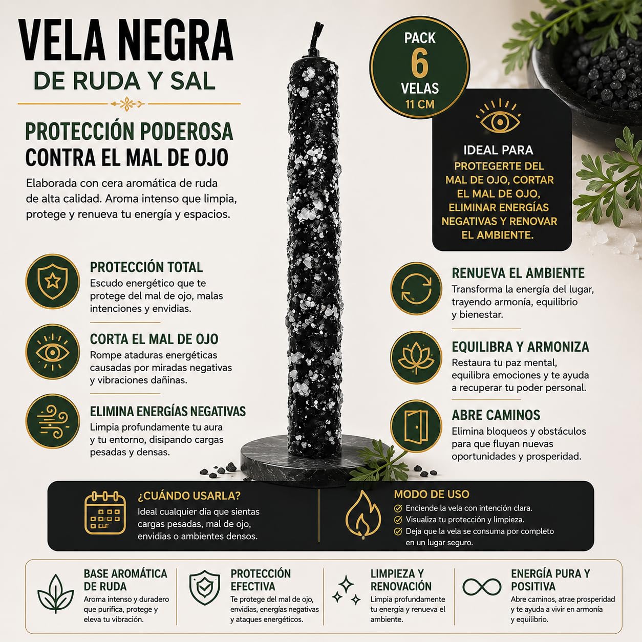 6 velas de ruda con sal 11cm - Velas ritualizadas - Aleja las malas y atrae buenas energías (NEGRAS)
