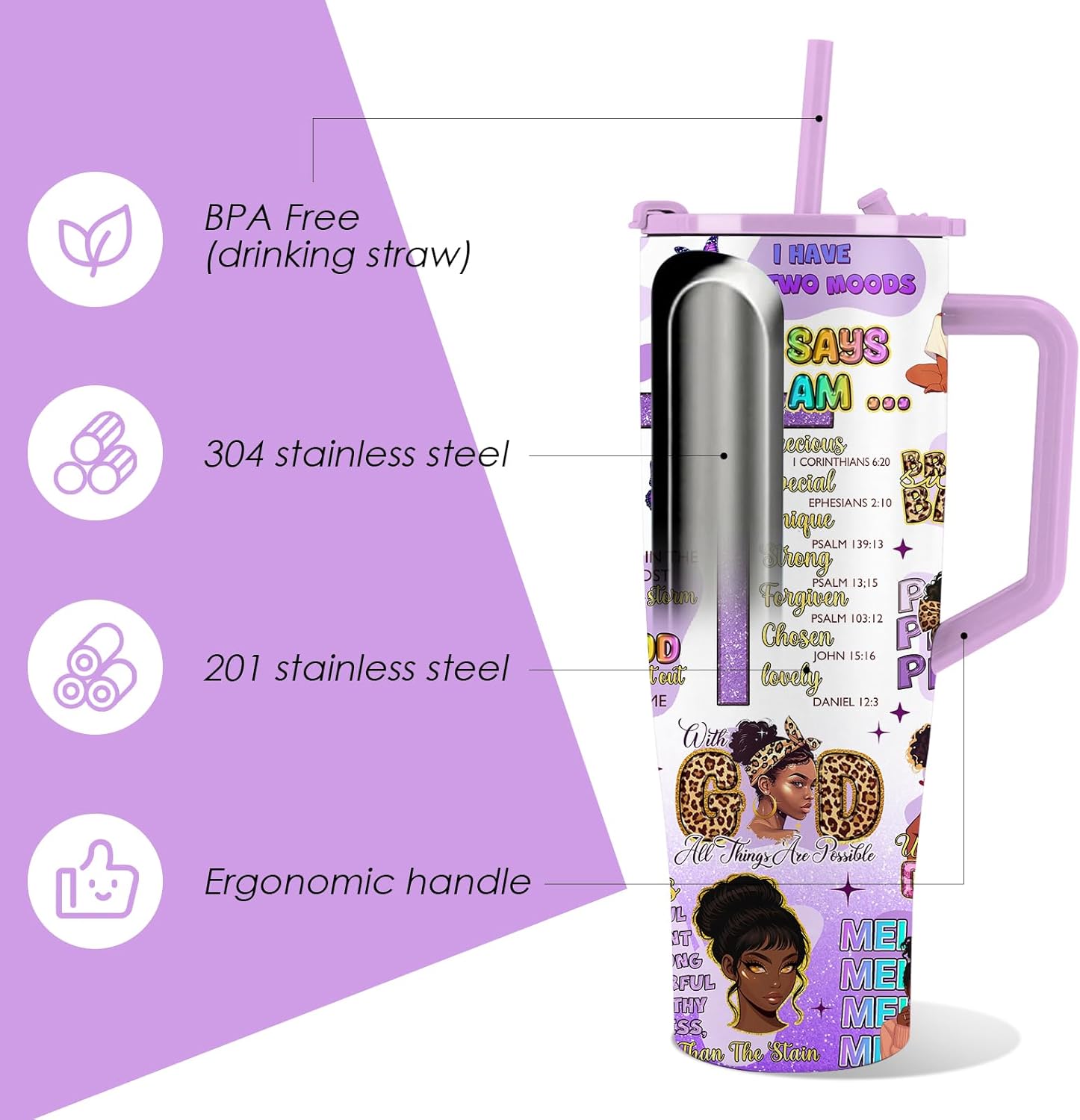 Black Girl Gifts for Women Girls - 40oz Black Girl Tumbler with Handle and Straws, Leak-proof, Stainless Steel Insulated Travel Coffee Mugs, Fashion Themed Cups, Birthday Christmas Gifts (1 pc) - Image 3
