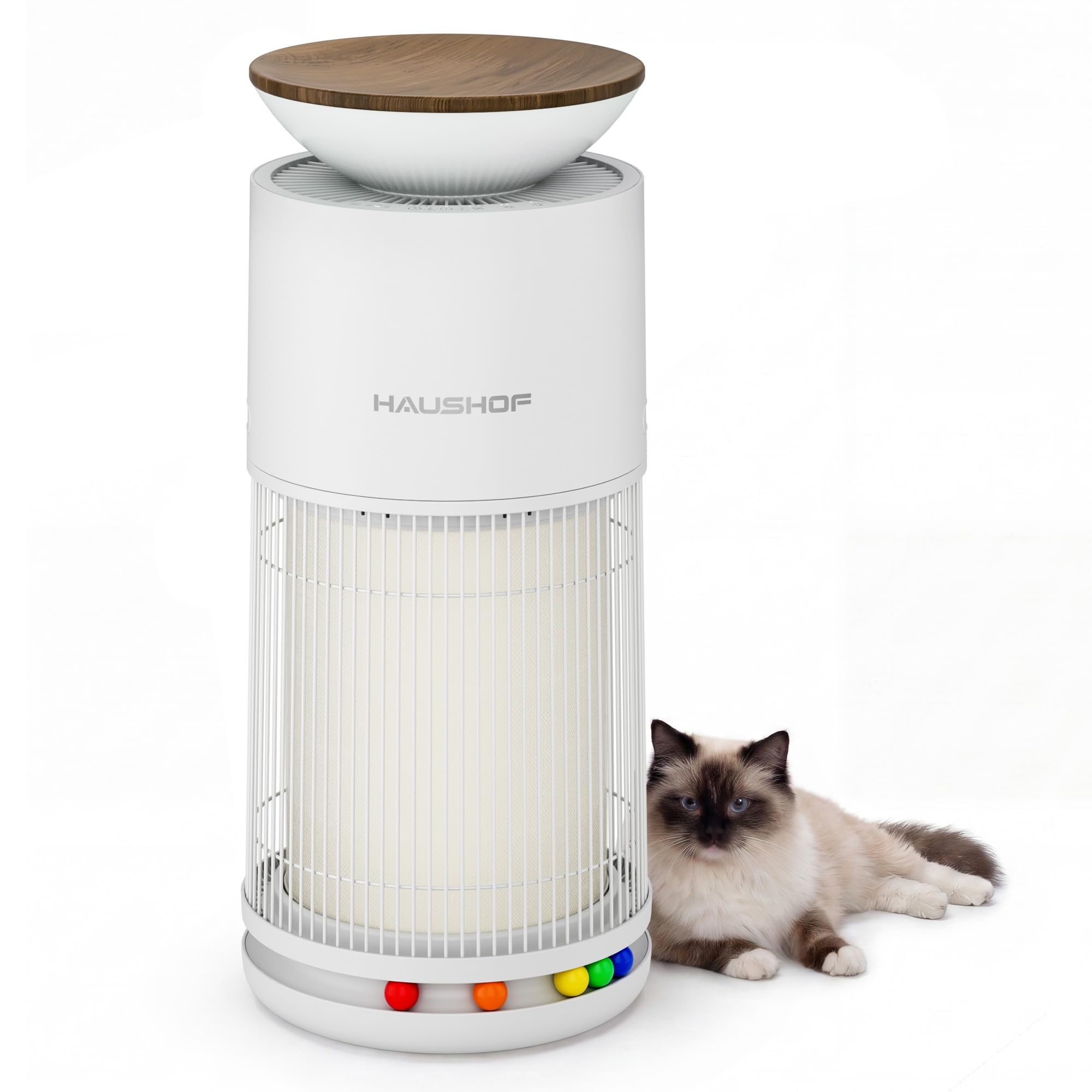 HAUSHOF HEPA H13 CADR oczyszczacz powietrza 380 m³/h do 45 m² | Filtracja 4 w 1, czujnik PM2.5, tryb zwierzaka z interaktywną platformą dla kotów i piłek, aromaterapia