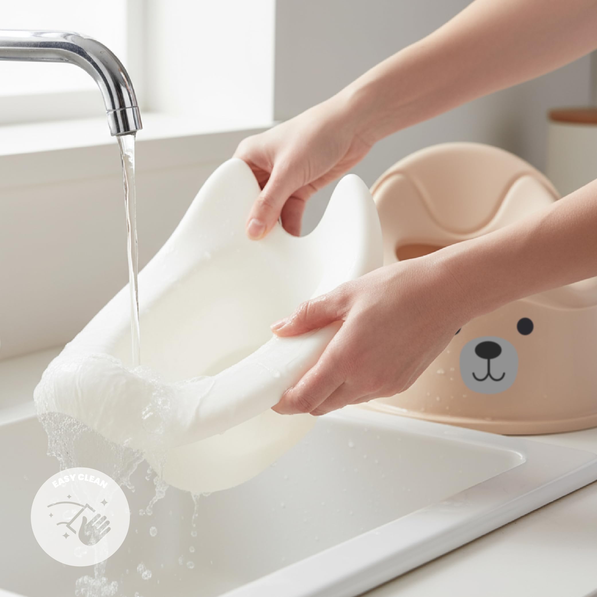 sun baby Nocnik dla dzieci 18-36 miesięcy, antypoślizgowe nóżki, ergonomiczne oparcie, wyjmowany wkład, tworzywo sztuczne, do 15 kg (Beżowo-Biały + Naklejka Miś)