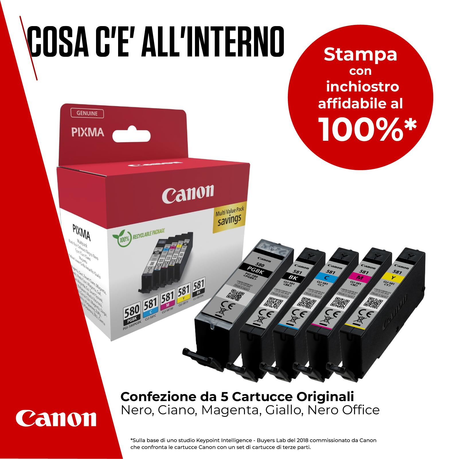 Canon Cartuccia 5 Cartucce per Stampante Originali PGI-580/CLI-581 BK C M Y PGBK (1 x Nero, 1 x Ciano, 1 x Magenta, 1 x Giallo, 1 x Nero a Pigmenti)
