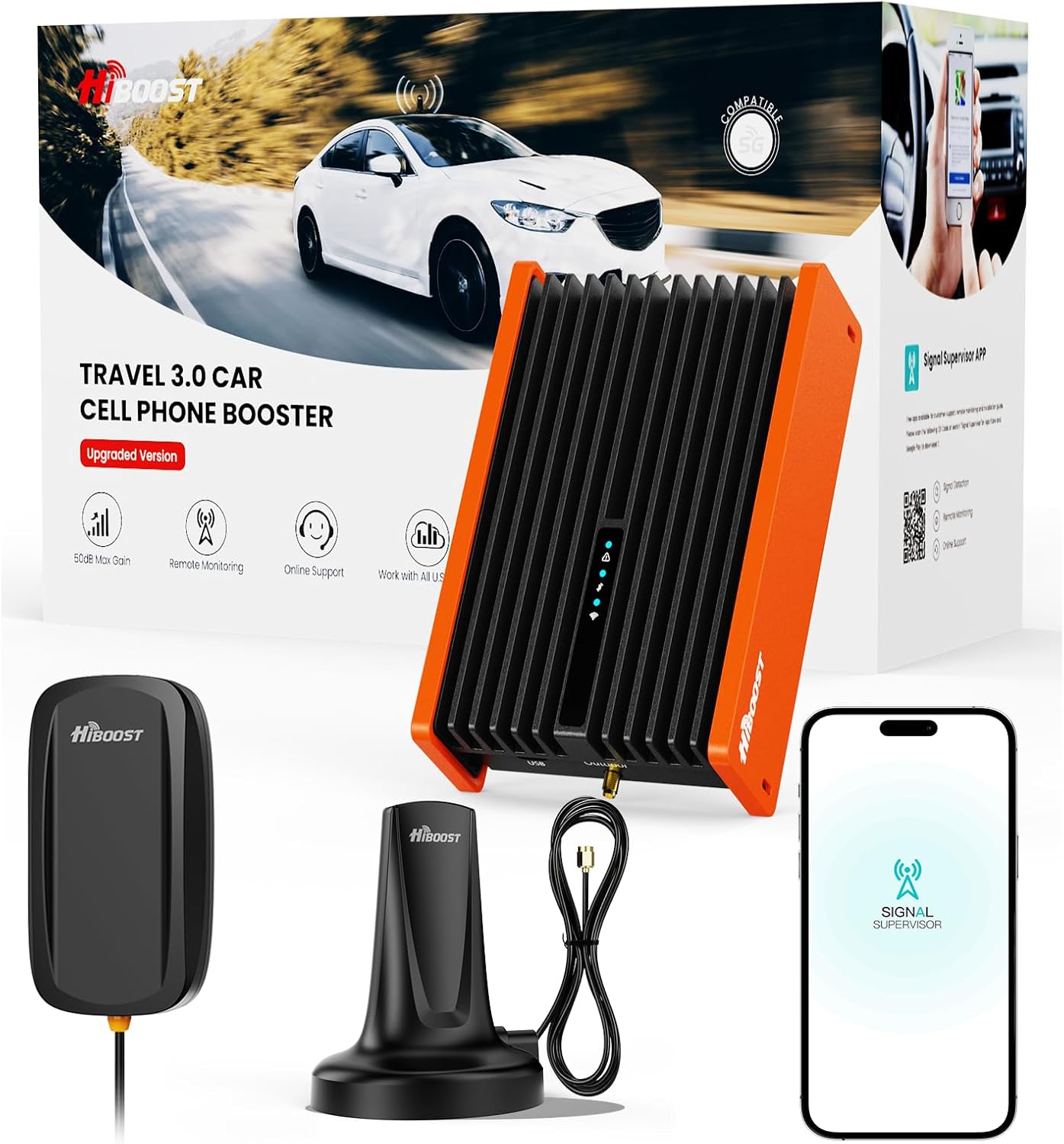 HiBoost Cell Phone Booster for Car and SUV Pickup, Signal Booster 5G & 4G LTE for All U.S. Carriers Verizon, AT&T, T-Mobile, with Enhanced Magnetic Roof Antenna | FCC Approved