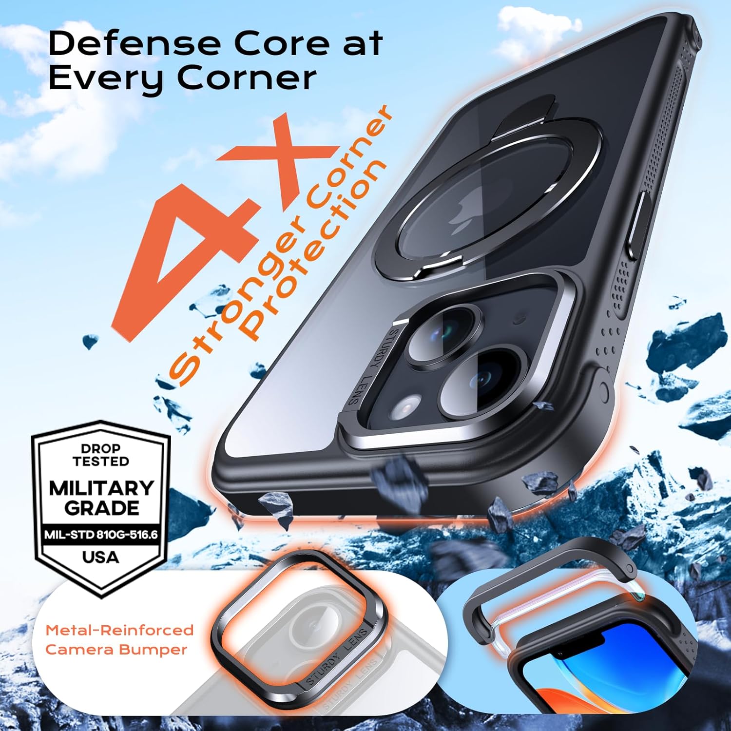 Anqrp O-Ring Magnetic Kickstand Clear Case for iPhone 14/13, Compatible with Mag-Safe, Military-Grade Reinforced 4-Corners Anti-Yellowing Transparent Phone Case Cover for iPhone 13/14, Black - Image 3