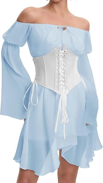 Womens Corset Dress Off Shoulder Bell Sleeve Fairy Mini Dresses | Two Piece Corset Outfits Lace Up Chiffon Flowy Irregular Satin Bustier Party Dress Renaissance Pirate Gothic Halloween Dress