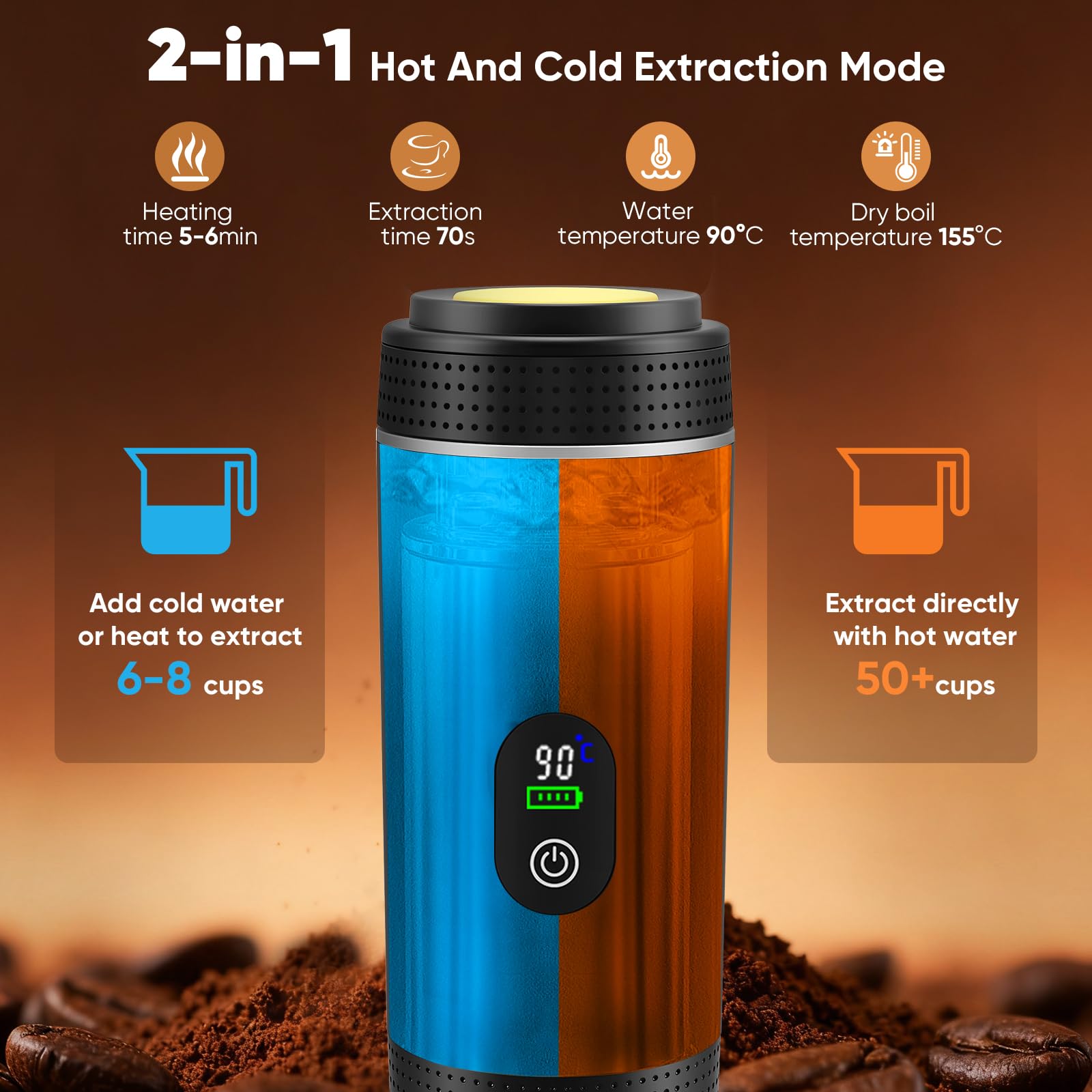 Cafetera portátil 3 en 1 con batería, con autocalentamiento eléctrico a través de USB - C, compatible con cápsulas y café molido, mini cafetera expreso para camping, coche, viaje