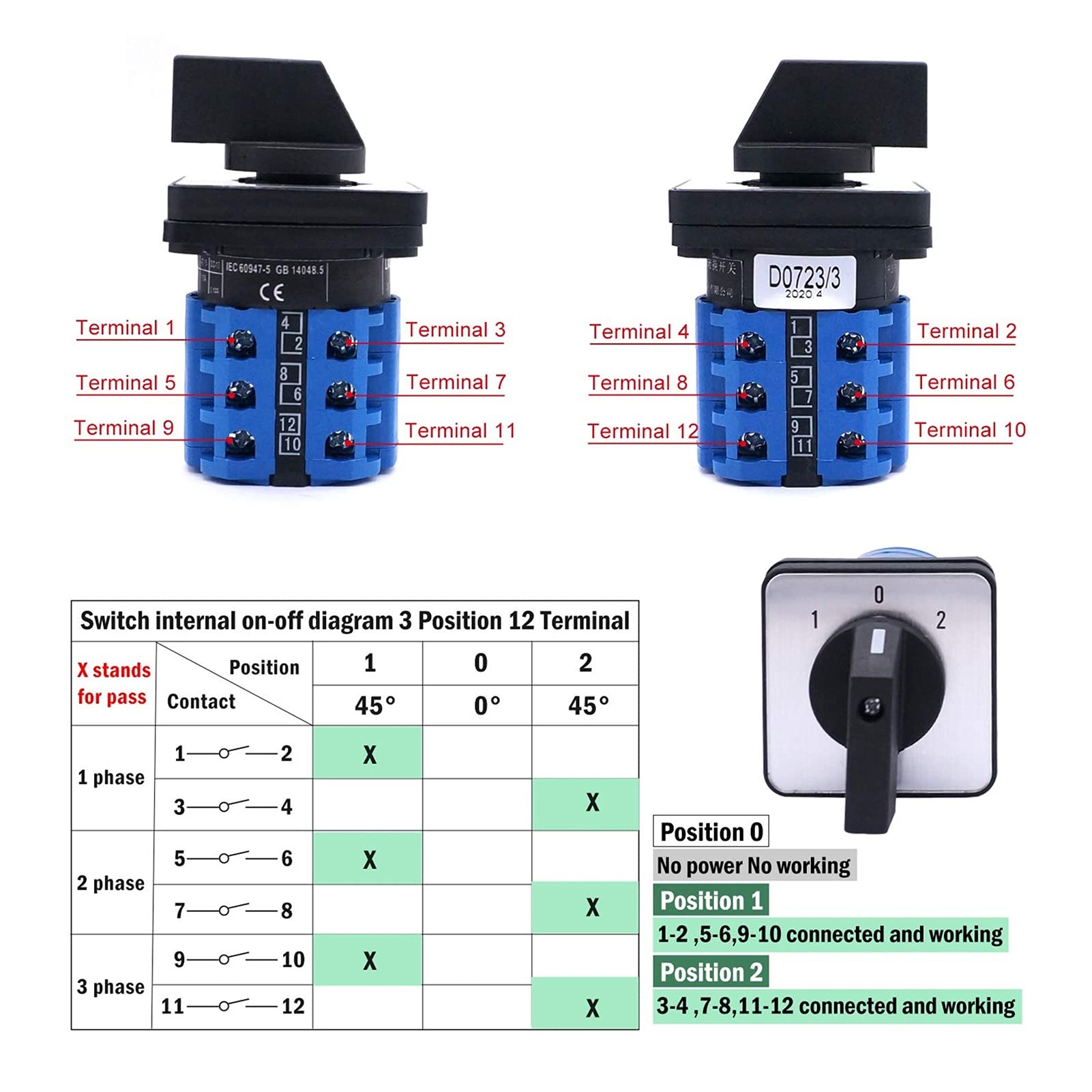 Interruptor de Cambio de 32 A, 690 V, 4 Posiciones, 12 terminales, Interruptor selector de Leva Giratorio con Enclavamiento