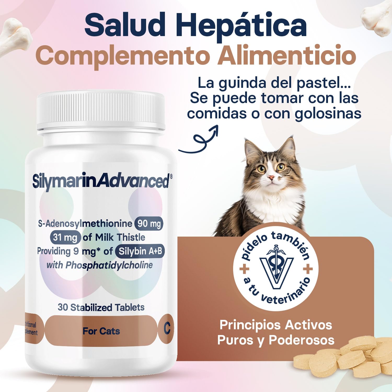 Suplemento Hepático para Gatos - Suplemento de Cardo Mariano para Mejorar la Salud Hepática - con S-Adenosilmetionina (Same) y Silibina - 30 Comprimidos