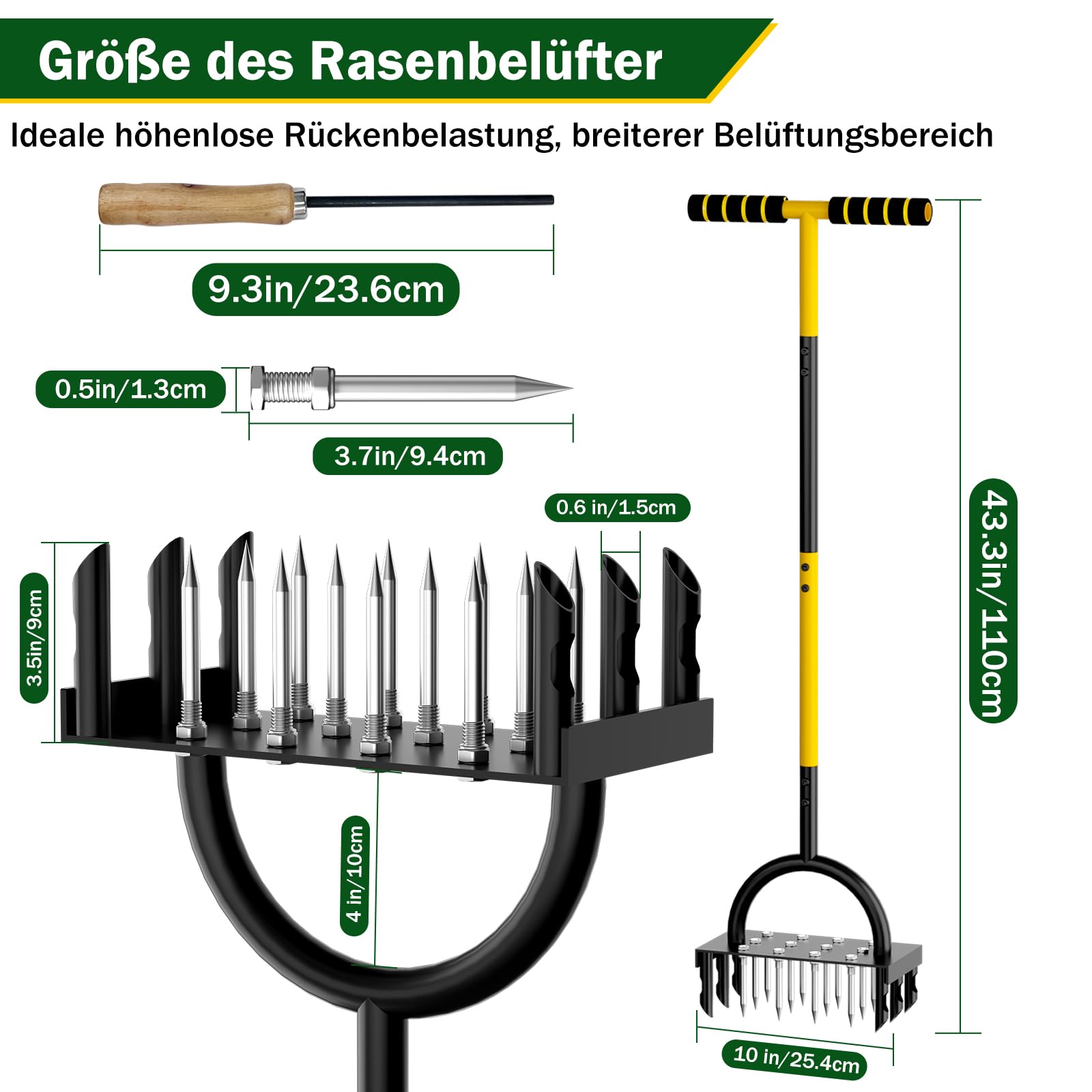 2-in-1 Rasenlüfter,Aerifizierer für Rasen Hohlspoon mit 18 Spikes