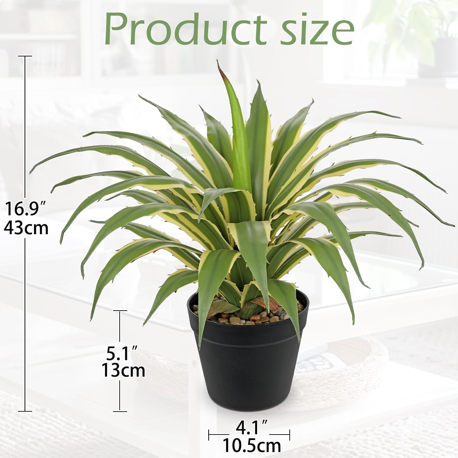 Hollyone Large Artificial Agave Plants 16.9" Tall Fake Agave Plant in Black Pot with Real Stone Pebbles Faux Succulent Aloe Tropical Plants Potted for Indoor Outdoor Home Patio Garden Decor - Image 2