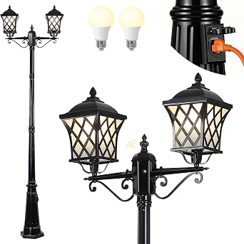 2-Head Outdoor Lamp Post Light with Outlet, 94 Dusk to Dawn Street Light Pole Waterproof Aluminum Outdoor Post Lights, Black Exterior Lighting for Garden Yard Driveway 2 LED Bulbs Included