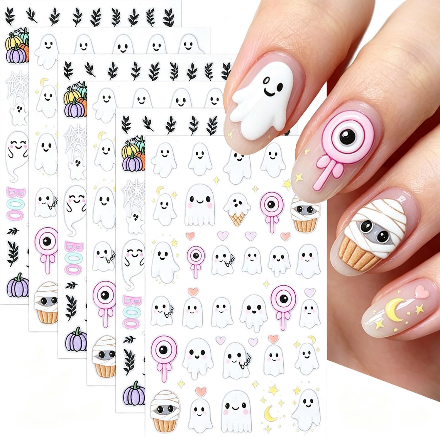 6 Sheets Halloween Nail Stickers 5D Embossed Nail Art Stickers Cute Ghost