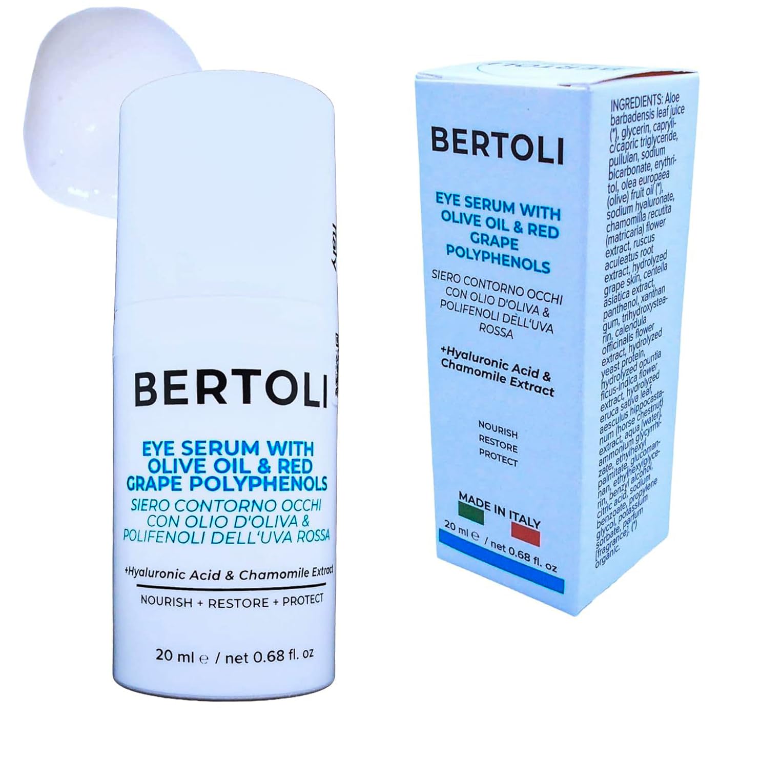 BERTOLI Firming Eye Serum for Wrinkles, Dark Circles & Puffiness – Under Eye Anti-Aging Serum with Hyaluronic Acid, Olive Oil, Chamomile & Red Grape Polyphenols – Made in Italy