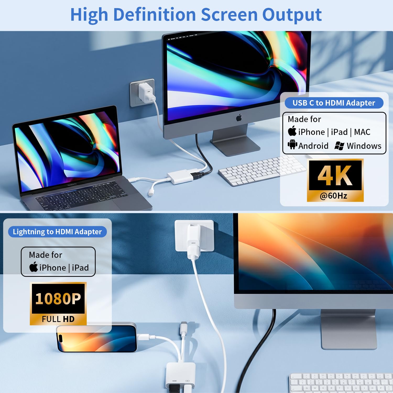 Adattatore USB-C e Lightning a HDMI per iPhone, MFi Lightning Digital AV Adapter per iPhone 14/13, 4K@60Hz 100W Adattatore USB-C a HDMI per i Phone 17/16/15/iPad/MacBook/Galaxy a TV/Monitor/Proiettore