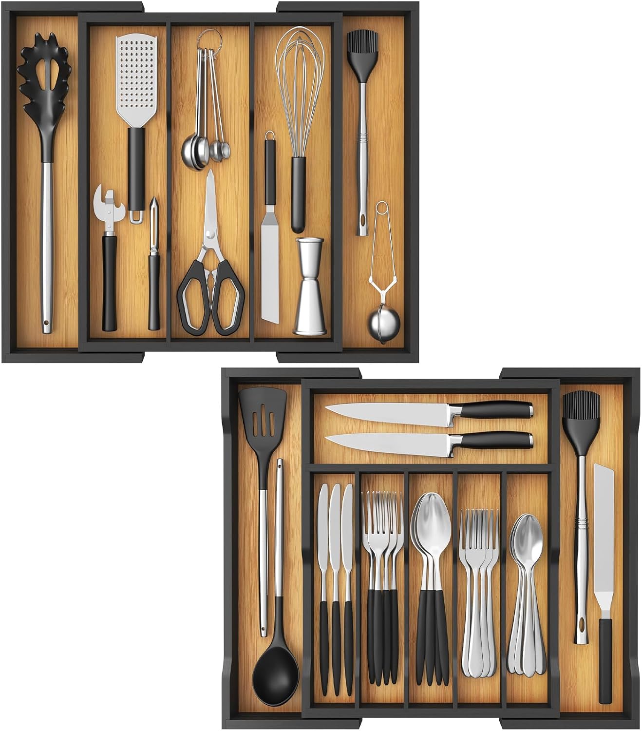 Lifewit Silverware and Cooking Utensil Drawer Organizer Set – Expandable Adjustable Bamboo Storage for Cutlery, Flatware, Spoons, Forks, Knives, and Kitchen Tools, BPA-Free, Natural and Black