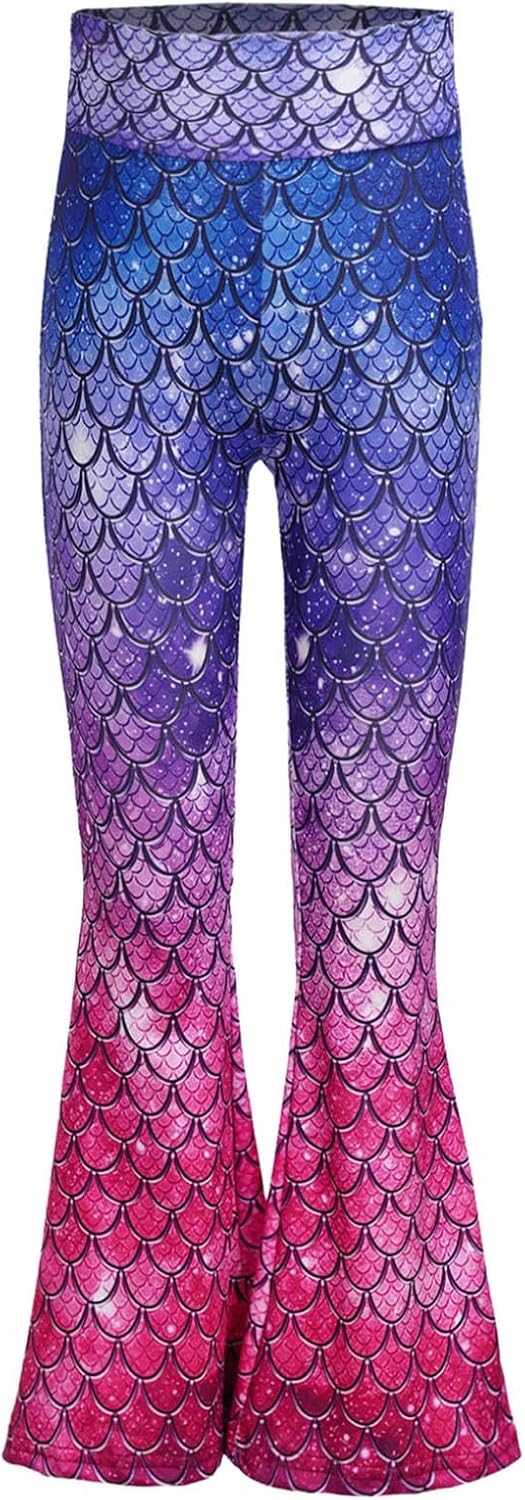 TiaoBug Girls Flare Leggings High Waist Bell Bottom Pants Stylish Fish Scale Printed Dance Trousers