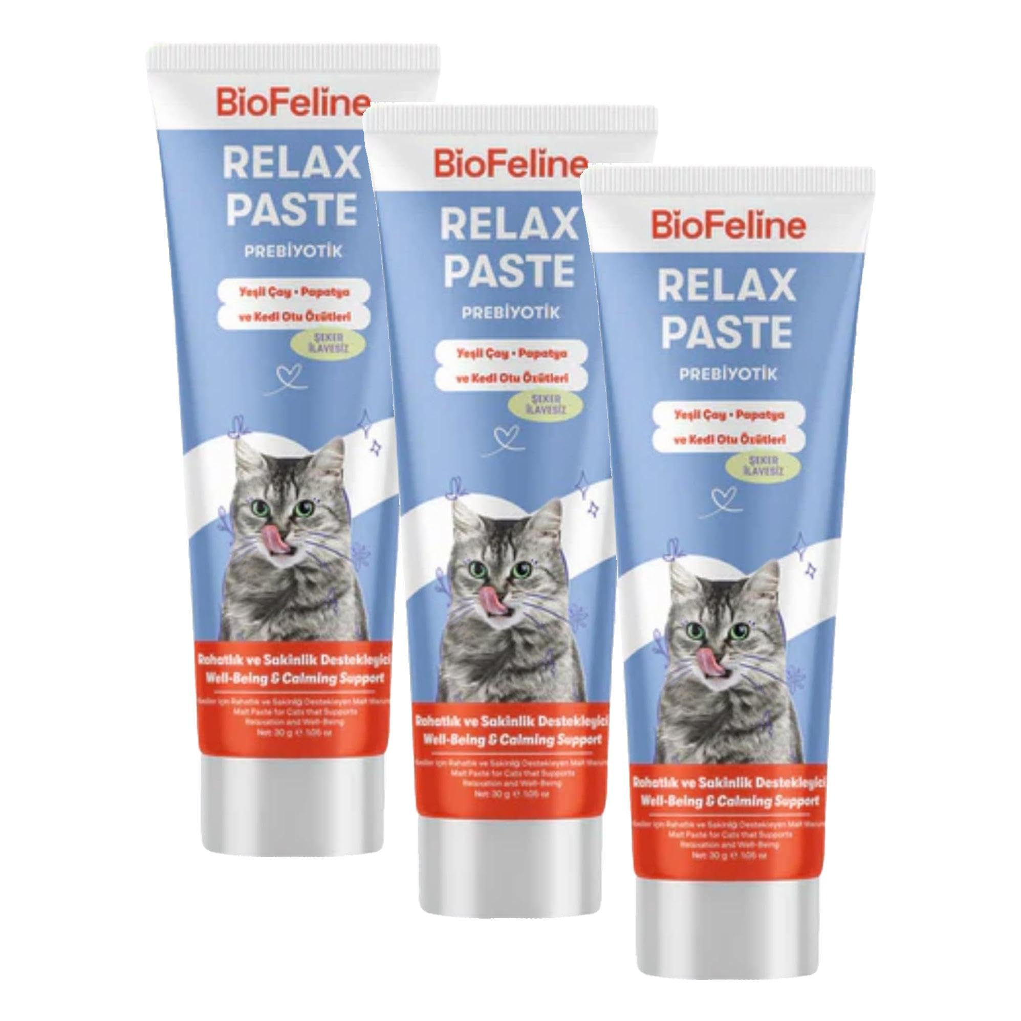 Biofeline Rahatlatıcı Macun 100g ve Kediler İçin Günlük Strese Karşı Rahatlık Sağlayan Sakinleştirici Macun (3 paketi)
