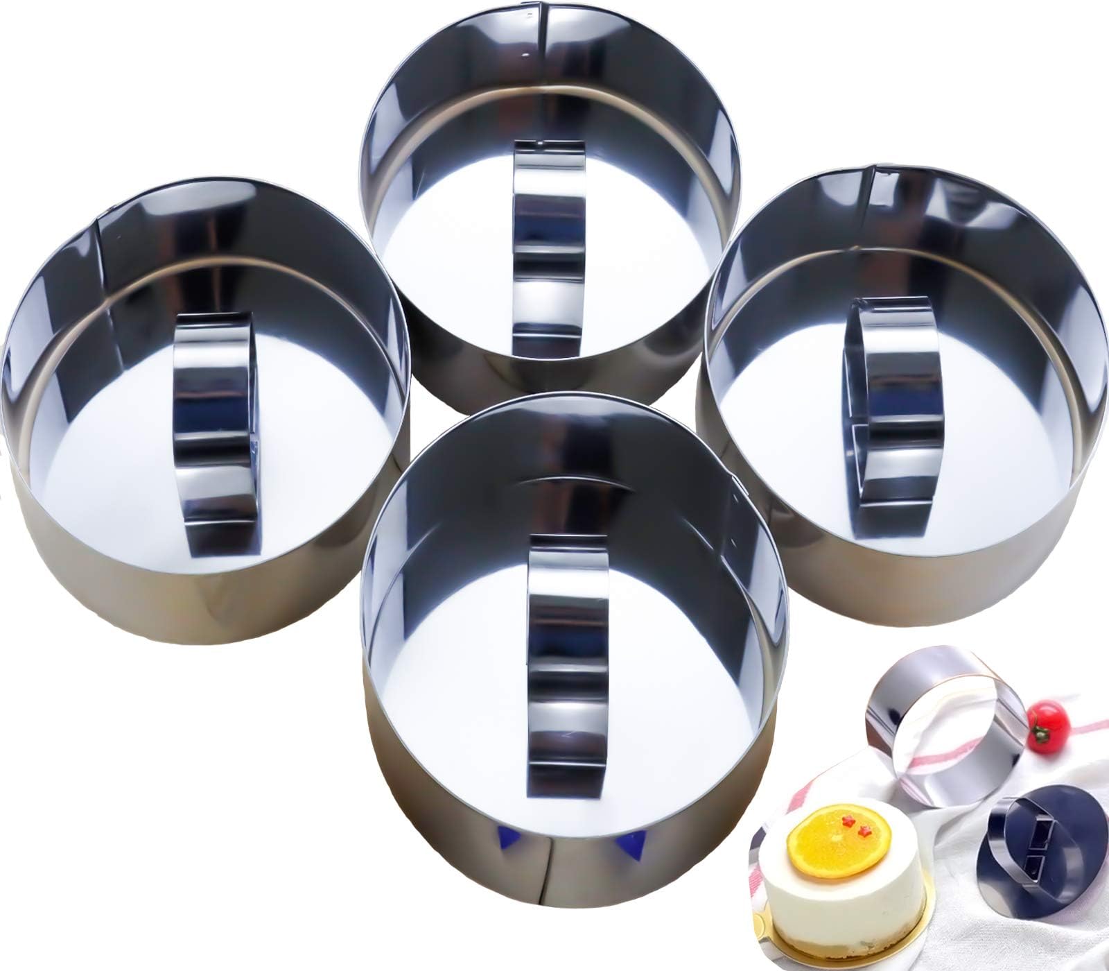 Oruuum 4 Sets Cake Ring Molds Stainless Steel Round 3 inch Dessert Mousse Ring Molds with Pusher, Small Food Mold For Pastry Cake Mousse