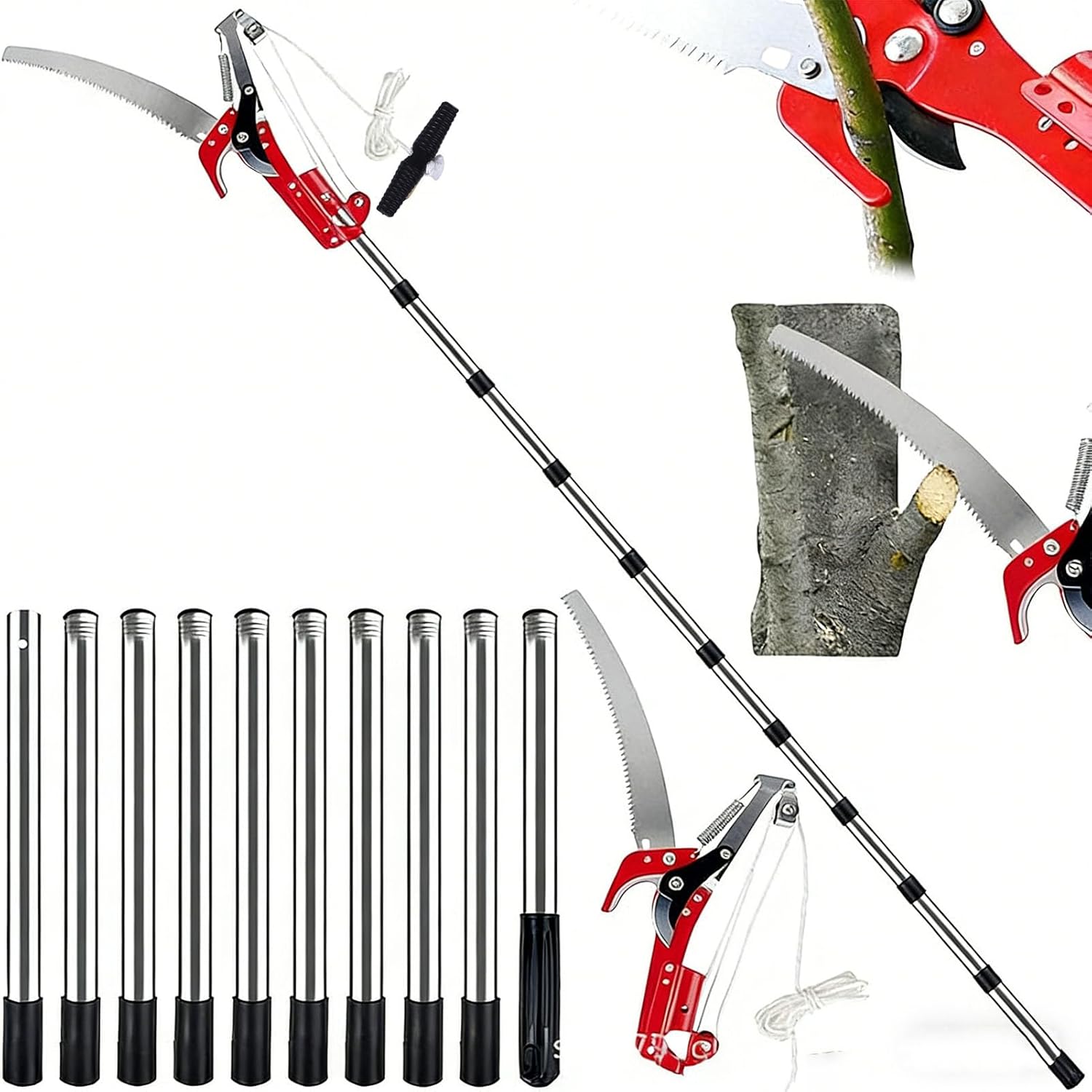 Yosoo Adjustable Tree Trimming Pole Saw Lightweight Stainless Steel Manual Tree Pruner with Poles Scissors for Garden Tool, Effort Saving Dual Pulley System