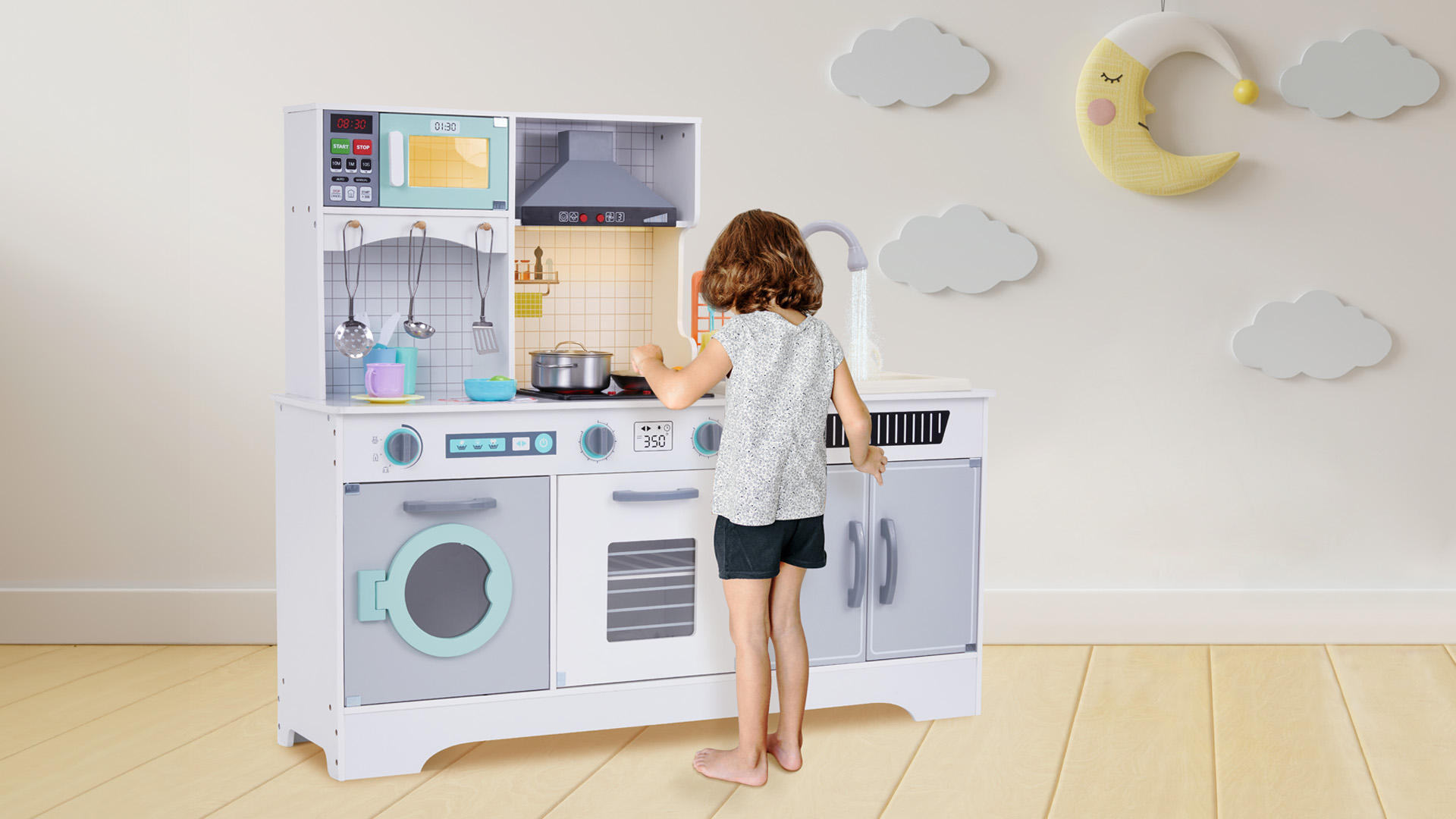 キッチン家電 Runmatel Amazon.com: Lil' Jumbl Wooden Kids Play Kitchen with Real Running