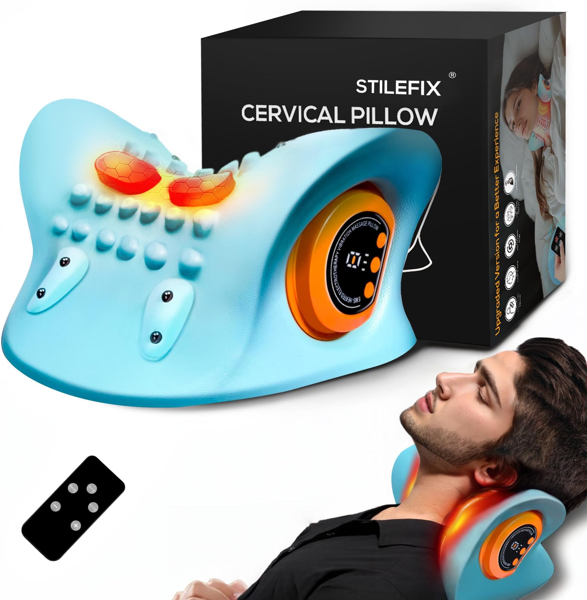 Neck Massager Pillow for Deep Tissue Pain Relief, Portable Neck Stretcher with Heat, 3 Adjustable Modes, Ergonomic 26° Shoulder Massager,Blue