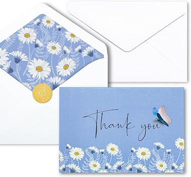 AZAZA Daisy Floral Thank You Cards with Envelopes 24 PK, Wedding Blue Cards Unique Floral Design, 4x6 Wildflower Thank You Notes for Baby Shower, Bridal Shower, Sympathy Blue Butterfly
