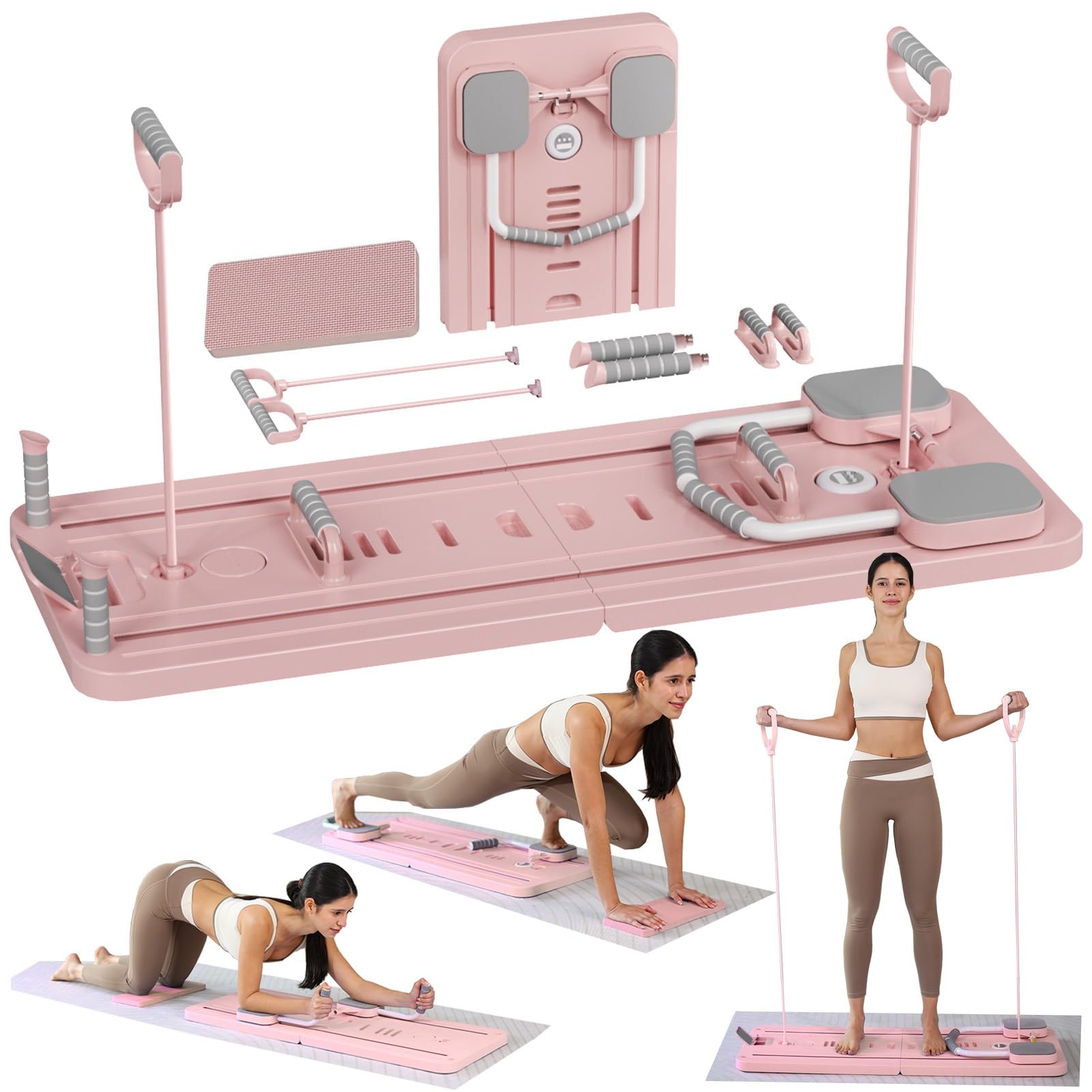 Pilates Board - 2026 Upgraded Pieghevole Macchina Reformer Pilates per Casa Multifunktional Tavola da Pilates Addominali Rullo Rimbalzo Automatico(Rosa)