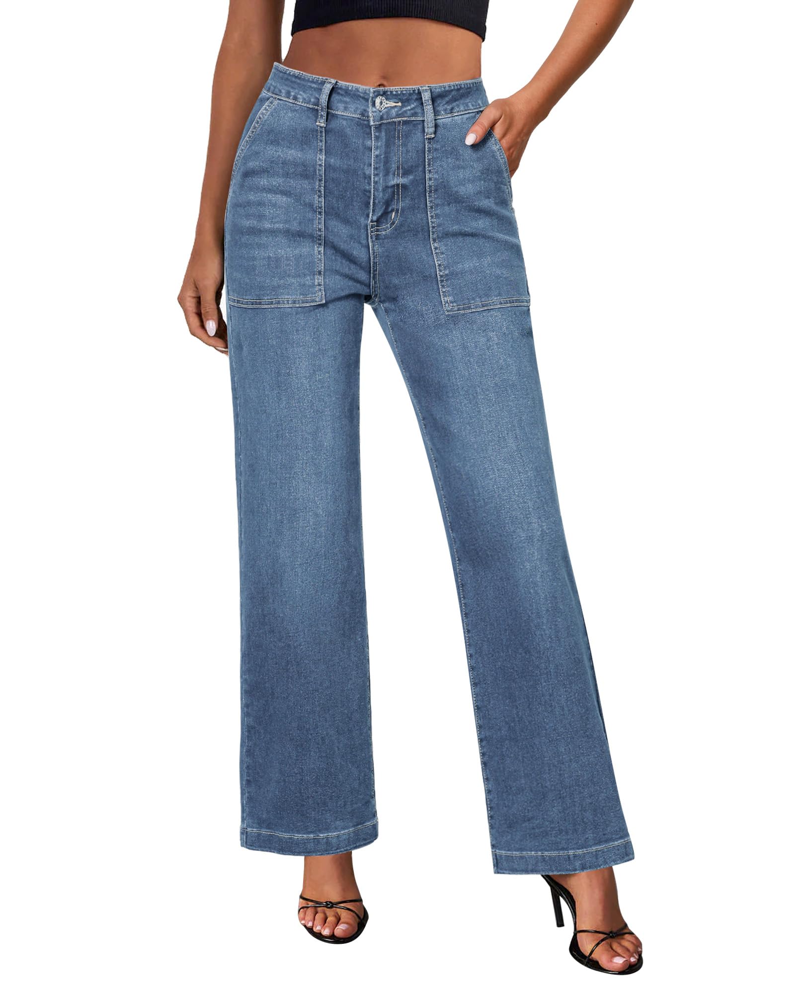 GRAPENTJeans for Women High Waisted Straight Leg Jeans Stretchy Trendy Wide Leg Denim Pants Jean Trousers Patch Pockets