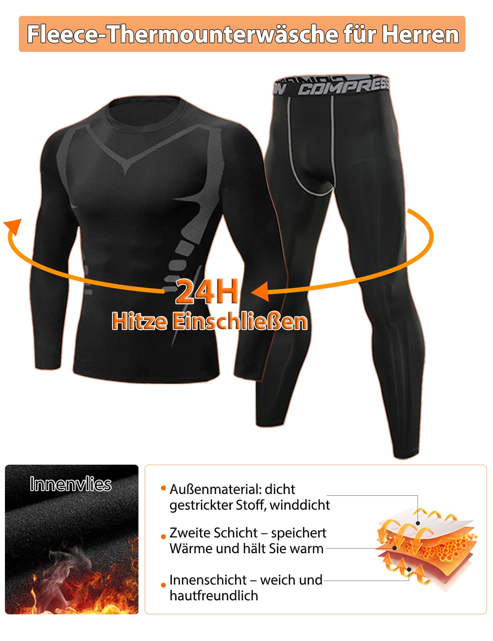 Terecey Thermounterwäsche Herren Winter Thermo Unterwäsche Set Fussball Funktionsunterwäsche Innenfleece Skiunterwäsche, Atmungsaktiv Schweiß Absorbieren zum Radfahren, Laufen, Jagen