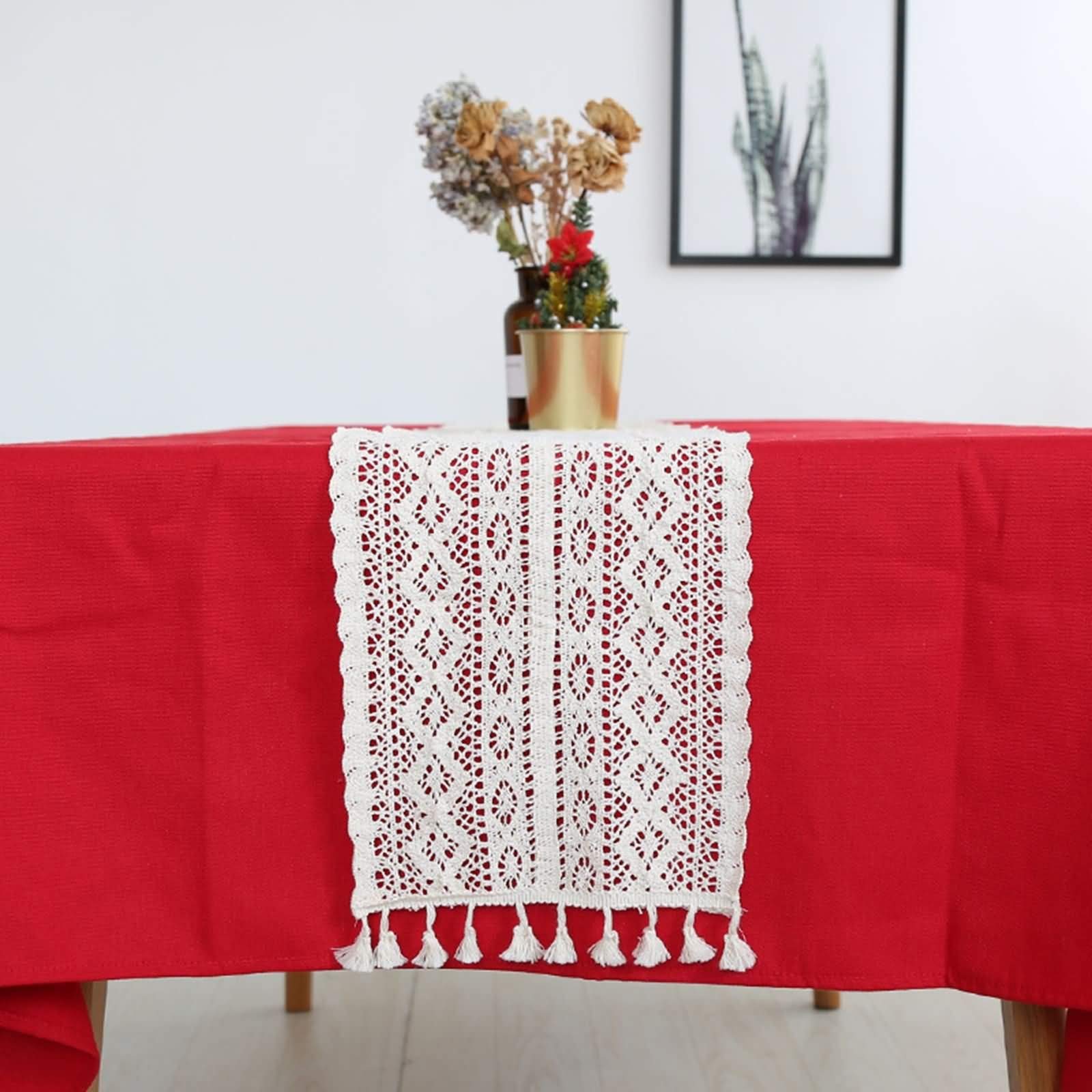 Tischläufer Hochzeit Baumwolle, Tischläufer Schmal Modern 24x200 cm, Hohlgehäkelt mit Quasten, Weiß