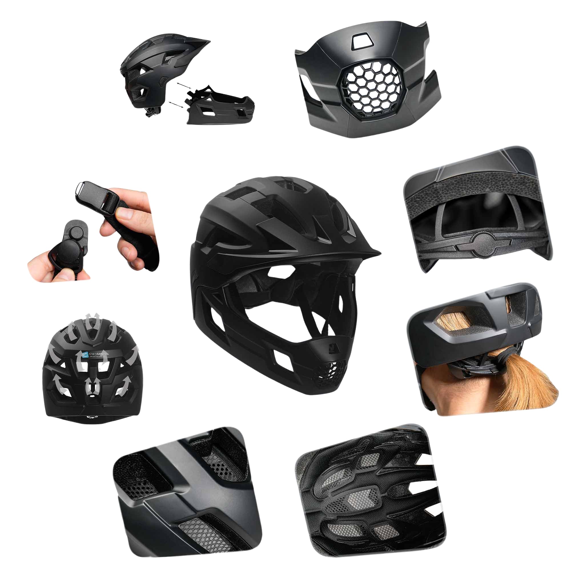 Crazy Safety Casque Vélo Intégral - Noir | pour VTT, BMX, Skateboard | Casque Enfant 2-en-1 avec mentonnière Amovible | Casque de Motocross Taille M 54-57 cm | Léger et ventilé