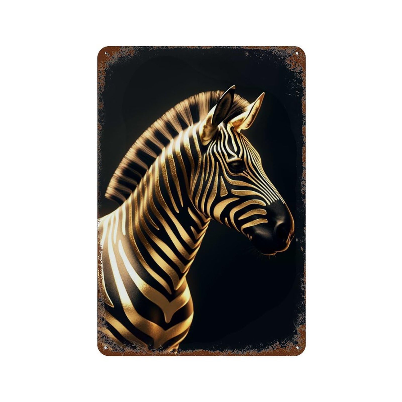 Black And Gold Zebra 11.8"x7.9" Distressed Metal Wall Sign, Shabby Chic Decor for Shed, Workshop And Garage Wall Decor