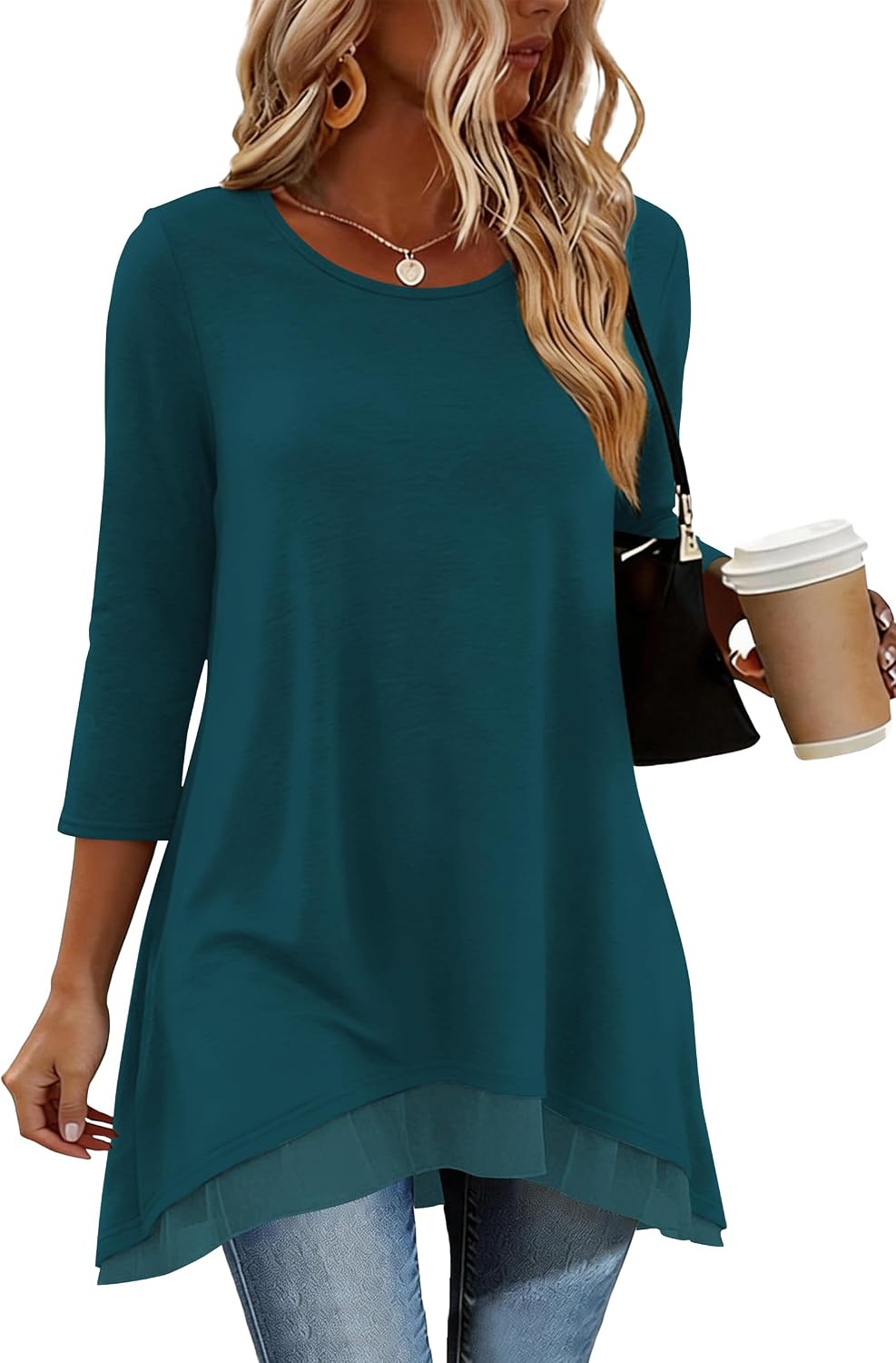 Poetsky Womens 3/4 Sleeve Tunic Tops to Wear with Leggings Layered Chiffon Hem Casual Long Shirts with Pockets