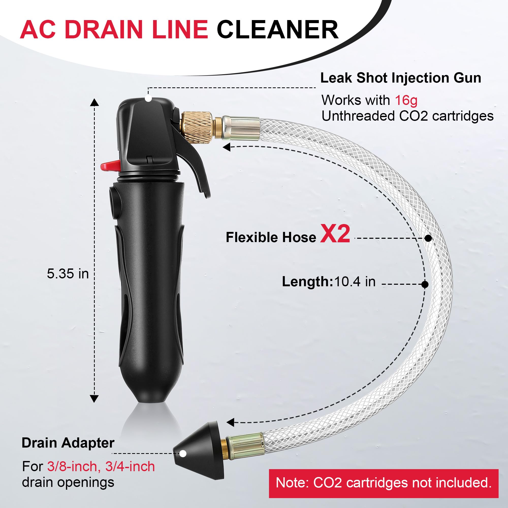 Dreyoo Limpiador de línea de drenaje de CA con manguera flexible, compatible con cartuchos de CO2 sin rosca de 16 G, herramienta de desatasco de línea de drenaje de CA para líneas de condensado de A/C