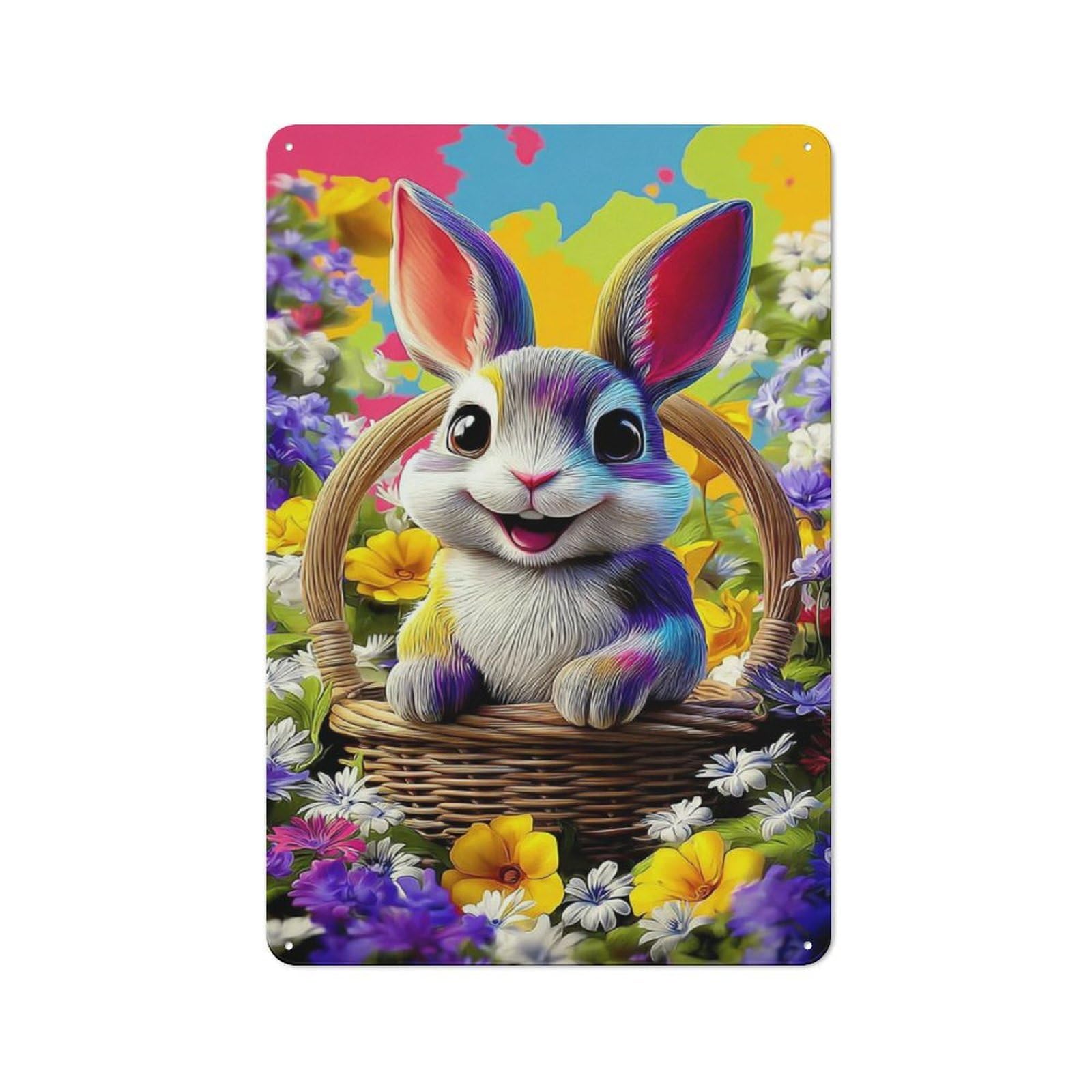 Junmoney Colorful Bunny Basket Tin Wall Plaque With Design 30X20cm, Farmhouse Rustic Kitchen Decor For Dining Room, Cafe, Entryway Or Family Room