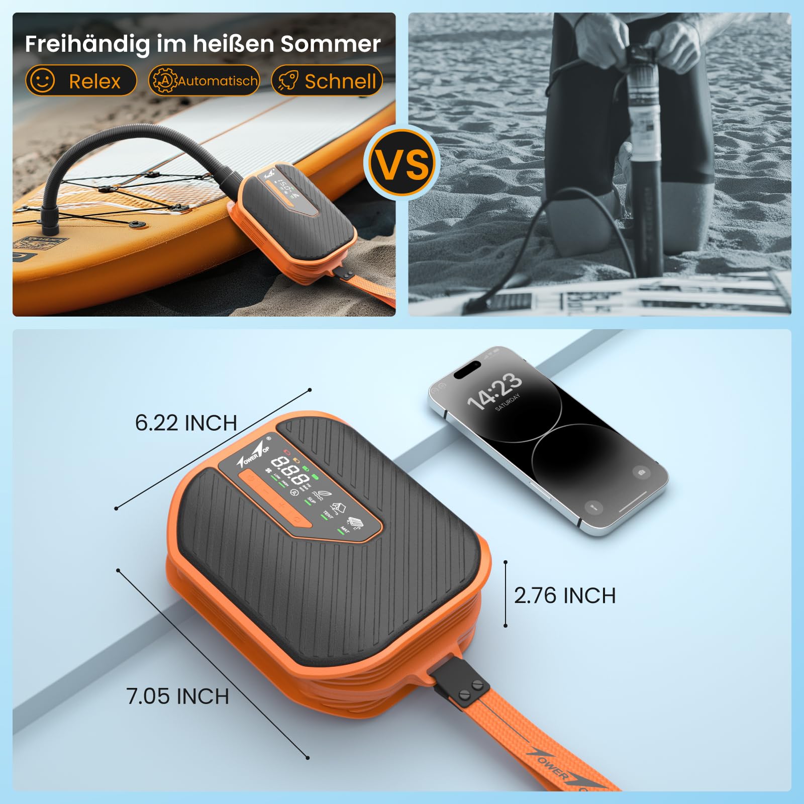 TowerTop Sup Pumpe Akku: 10500mAh Akku Pumpe für Auto/SUP, 50 PSI Stand Up Paddle Pumpe, 12V DC Zweistufenpumpe (Auf- und Ablassen) mit 8 Düsen für Paddleboards, aufblasbare Artikel, Kajaks und Autos