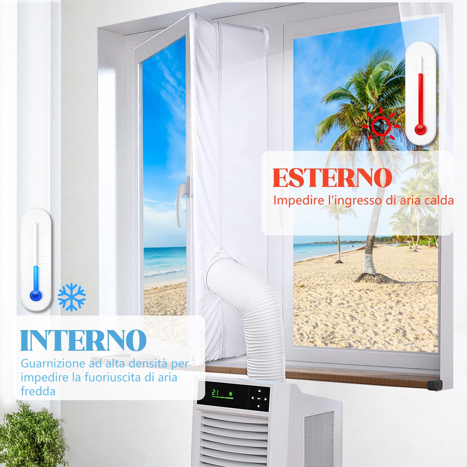 Guarnizione per finestre per condizionatori mobili, 400 cm, guarnizione per finestre per aria condizionata con doppia cerniera lampo, Hot-Air-Stop per tutti i tipi di finestre comuni come finestre a