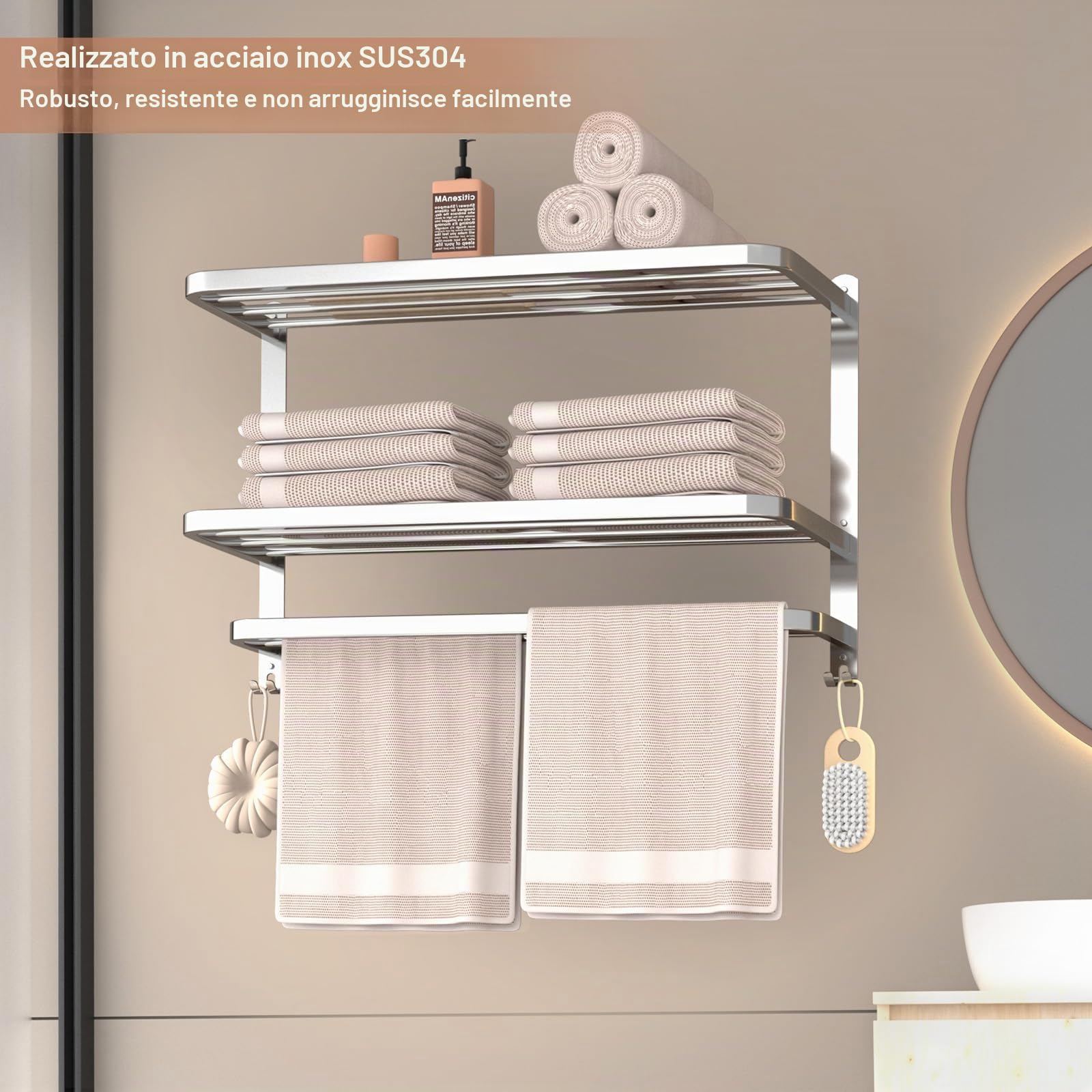 Portasciugamani a 3 livelli per bagno con barre porta asciugamani multistrato per hotel in acciaio inox a parete con finitura spazzolata porta asciugamani 50 cm