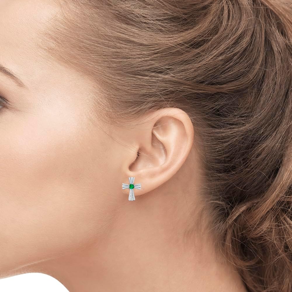 Cross Stud Earrings with 4mm Emerald Stone in 925 Sterling Silver For Daily Wear