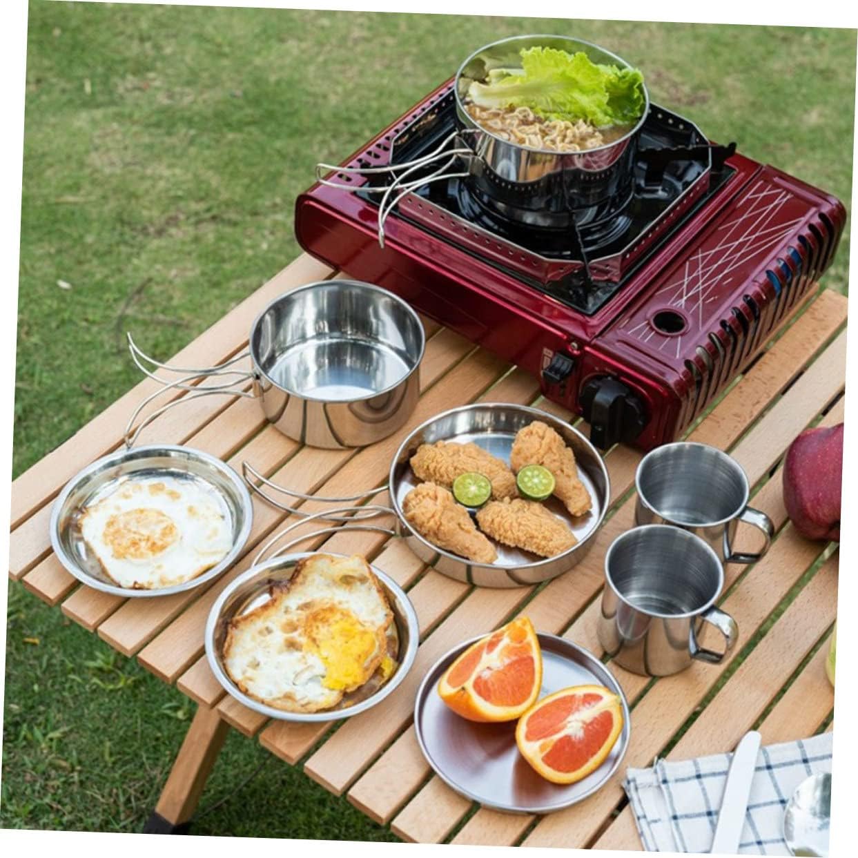 1set Compact Stainless Steel Camping Cookware Portable Handle Pot and Pan for Outdoor Cooking for Hiking Picnics Bbqs and Camping Activities