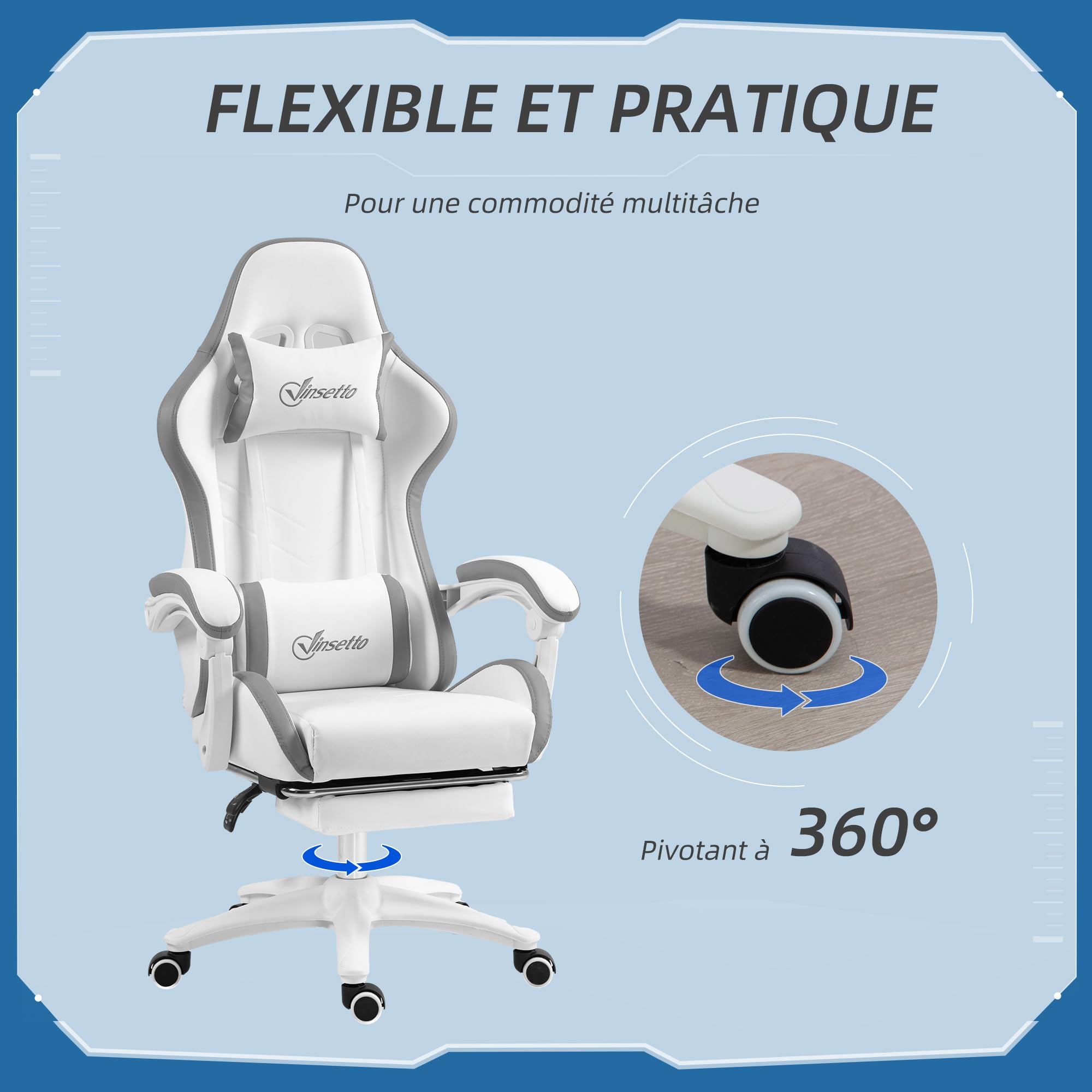Vinsetto Gaming chair Sedia da gioco ergonomica con poggiapiedi telescopico, schienale reclinabile a 135°, poggiatesta e supporto lombare regolabili, sedia da ufficio girevole a 360° in similpelle,