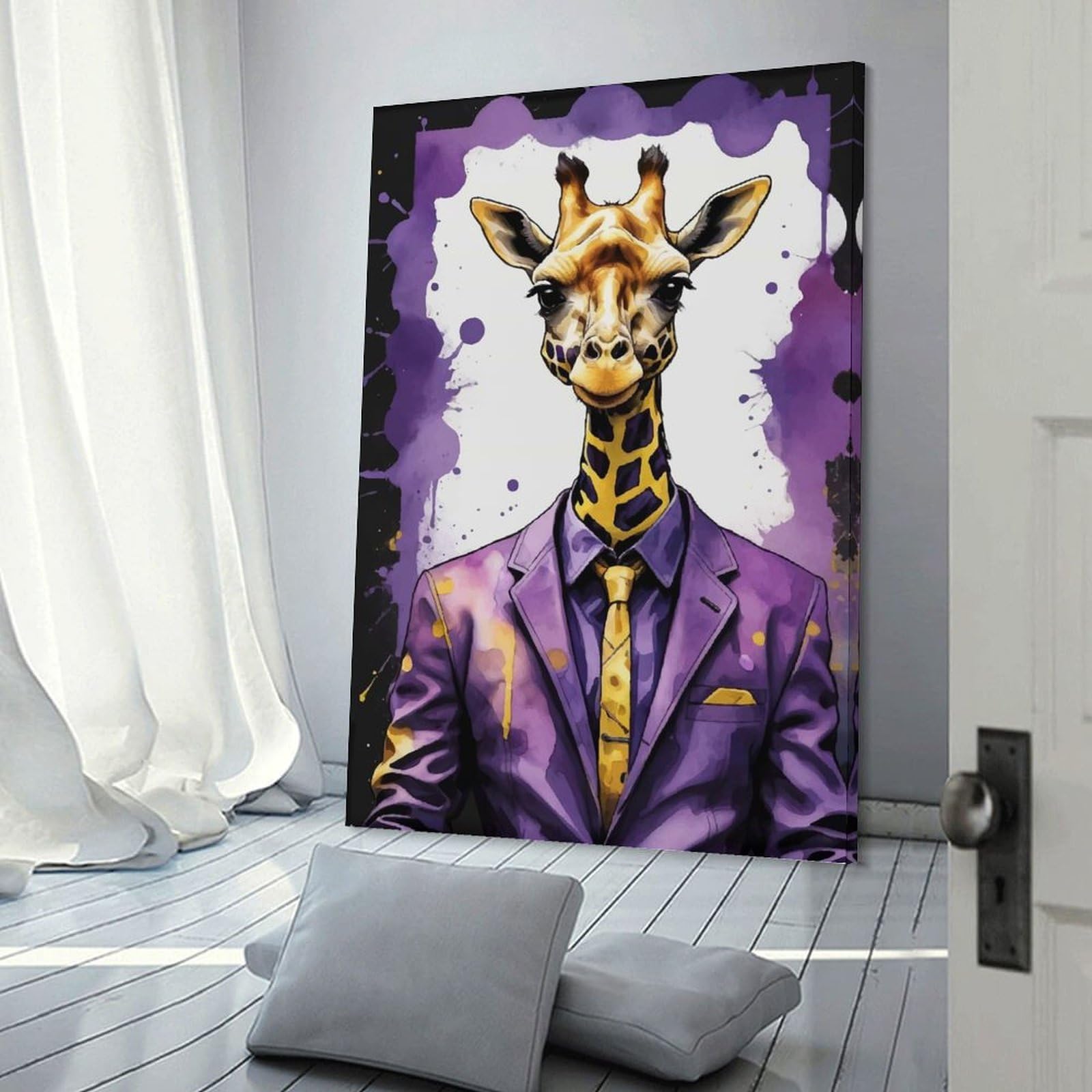 Junmoney Decorative Canvas Print Giraffe in Suit(2), 12x18inch(30x45cm), for New Homes, Bedrooms Or Workspaces, Thoughtful Wall Decor for Art Lovers