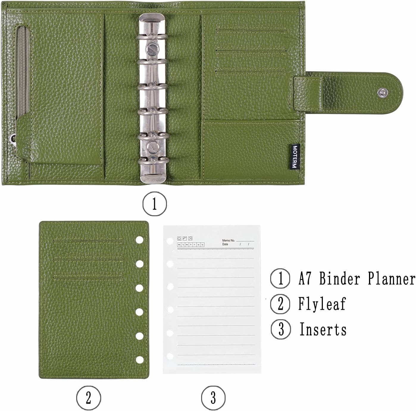 Moterm Pocket Regular Rings Planner - Genuine Leather Binder Organizer (Pebble-Olive, 19mm Ring)