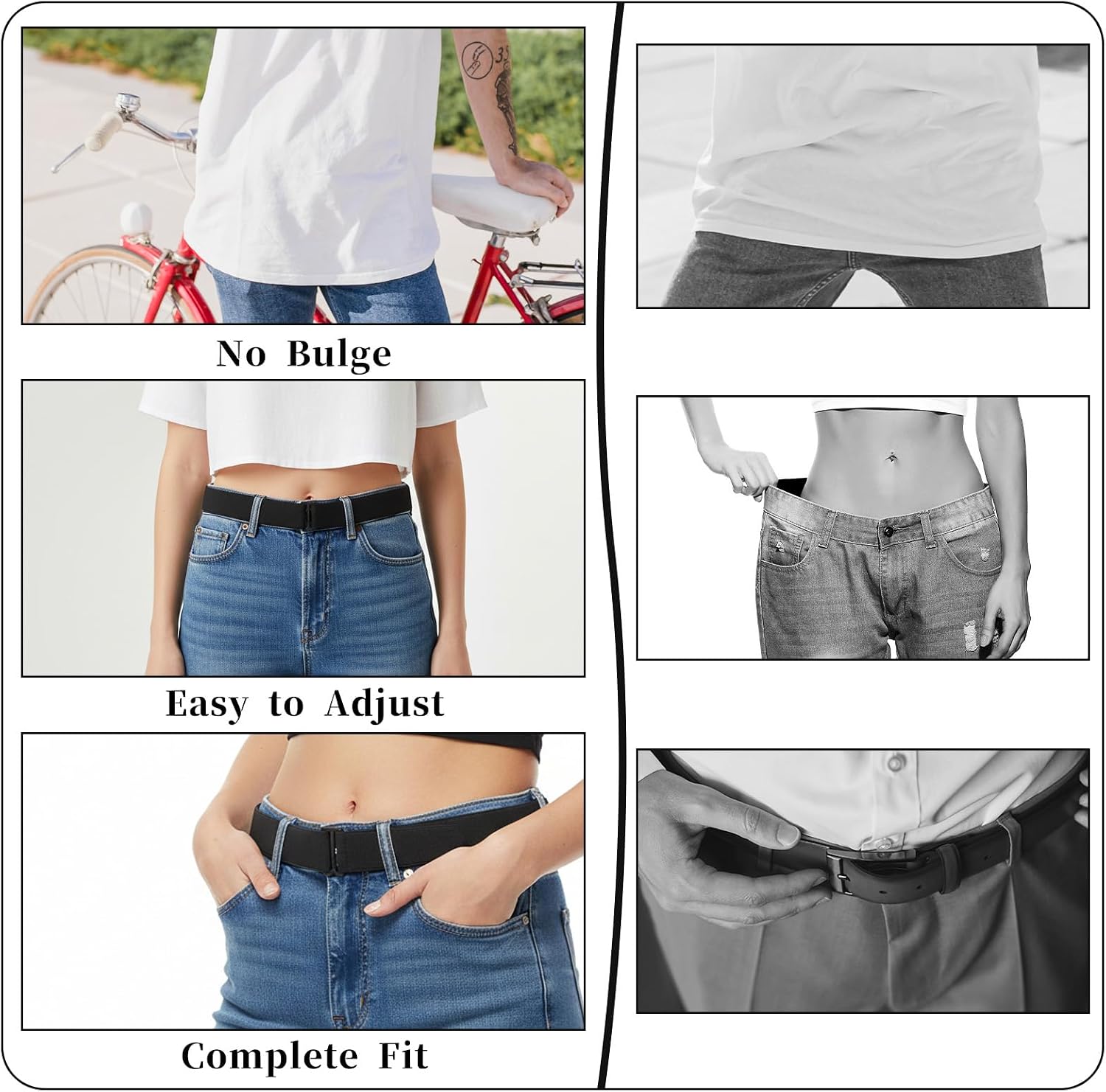 3 Pcs No Show Elastic Belts for Women, Adjustable Stretchy Belt with Flat Buckle Invisible Crop Tuck Band for Jeans Pants Dresses Shirt Sweater (Black, Beige, Dark Brown)