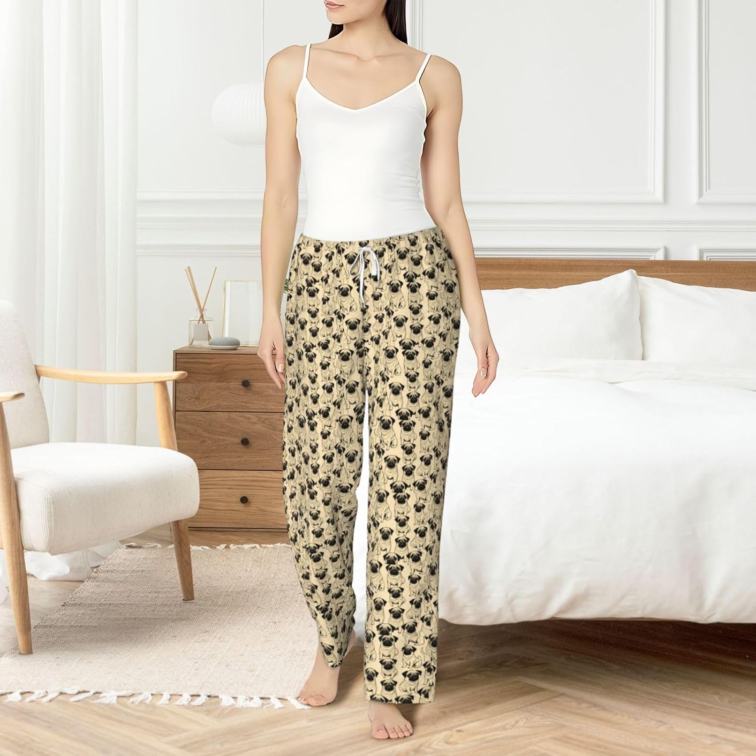 Cute Pug Dog Print Women Soft Cozy Sleepwear Pajama Pants For Winter Nightwear Bedroom Indoor Casual