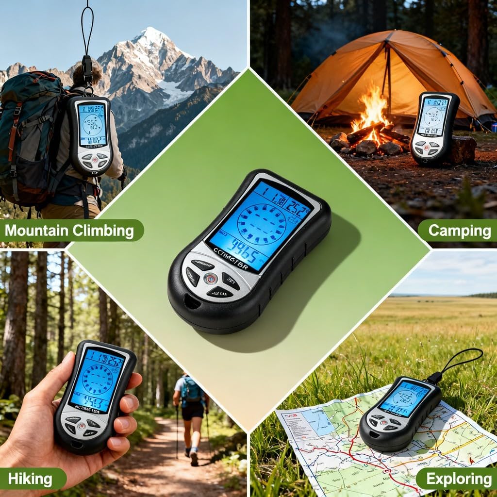 Multifunctional Portable Altimeter Barometer Weather Station, Digital Compass, Thermometer, LED Backlight - Accurate Outdoor Sensor Technology, Compact and Lightweight for Hiking
